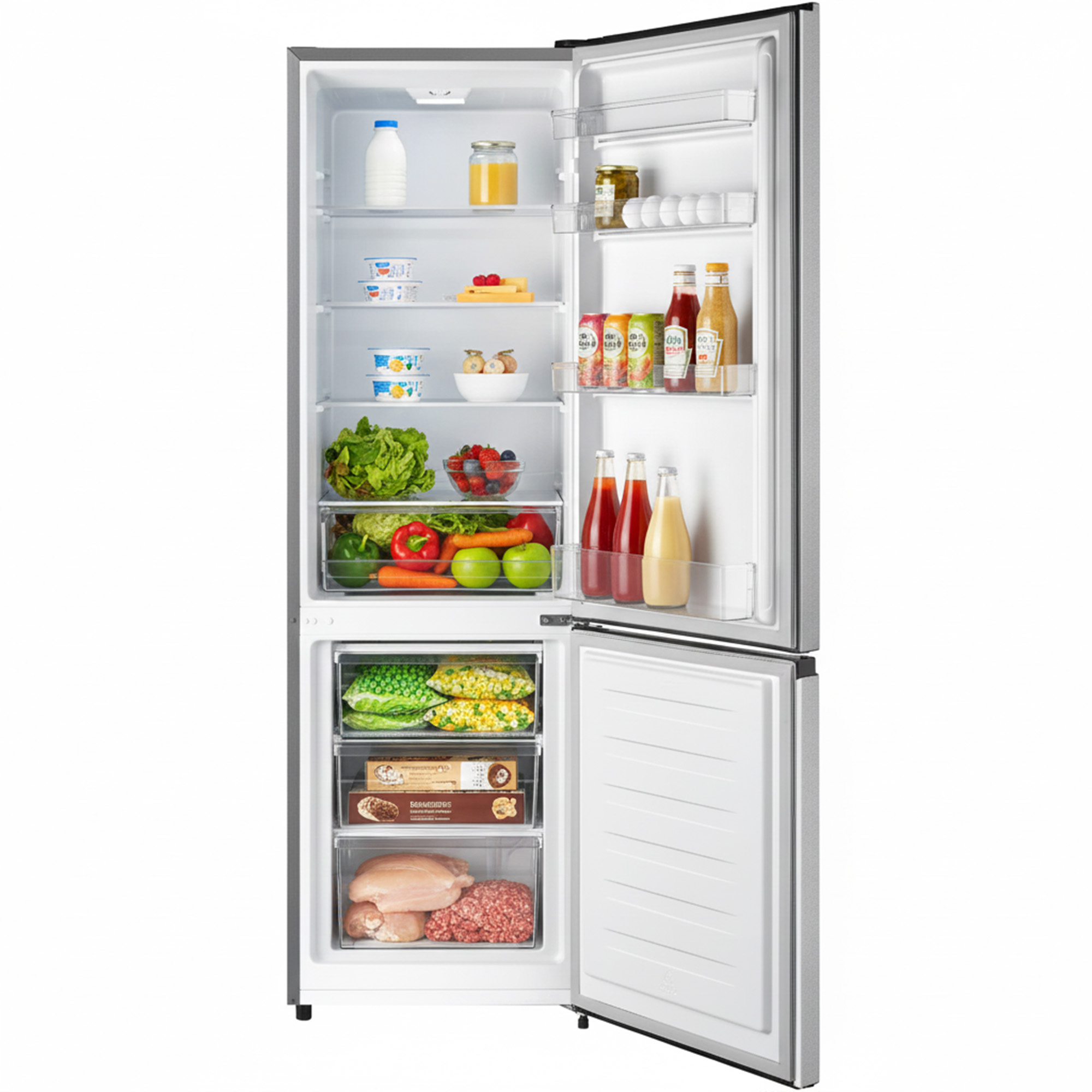 Open refrigerator filled with food: milk, juice, vegetables, fruits, sauces, eggs, and frozen items. White background.