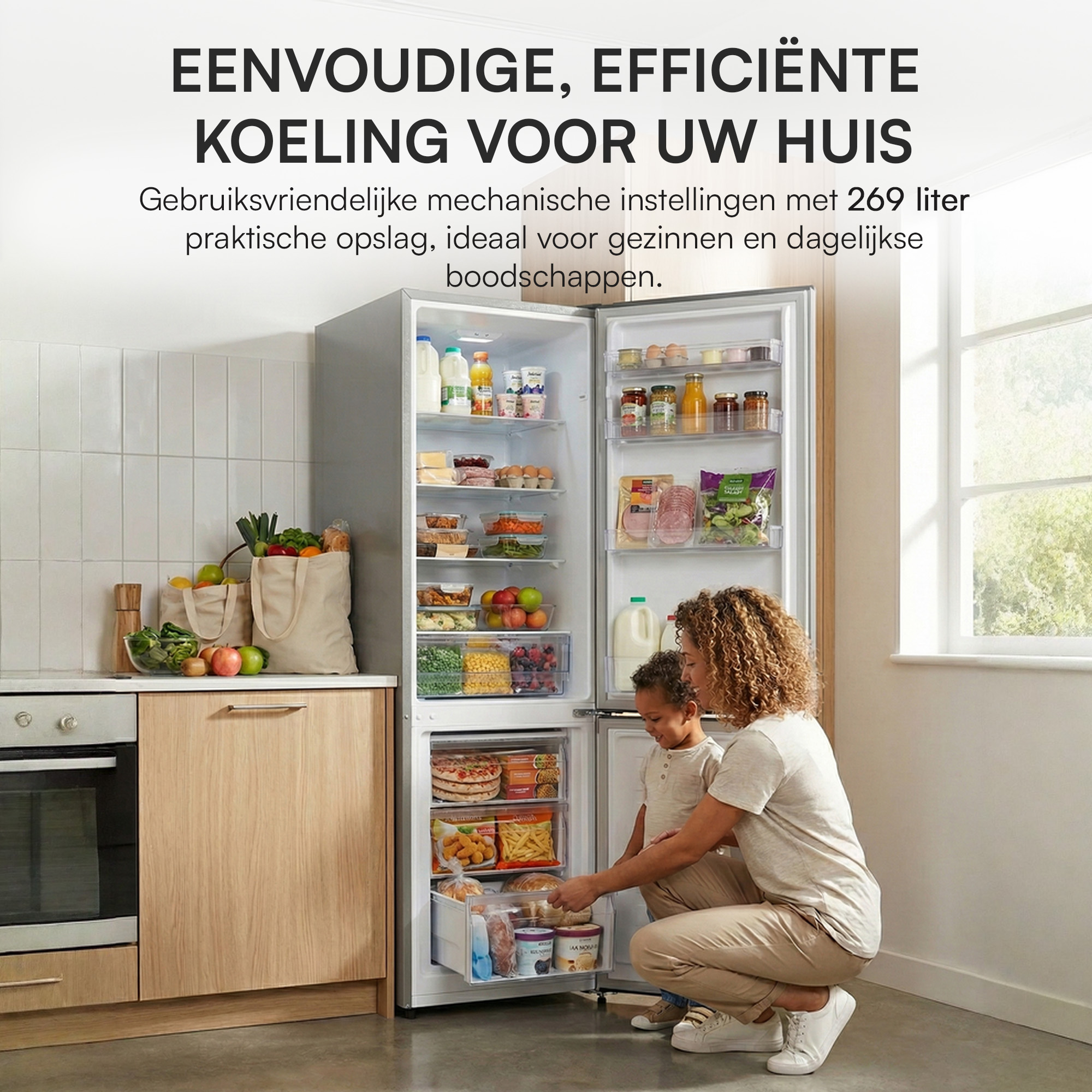 A woman and child at a fridge. The fridge is open, showing food. Background has kitchen cabinets and a window.
