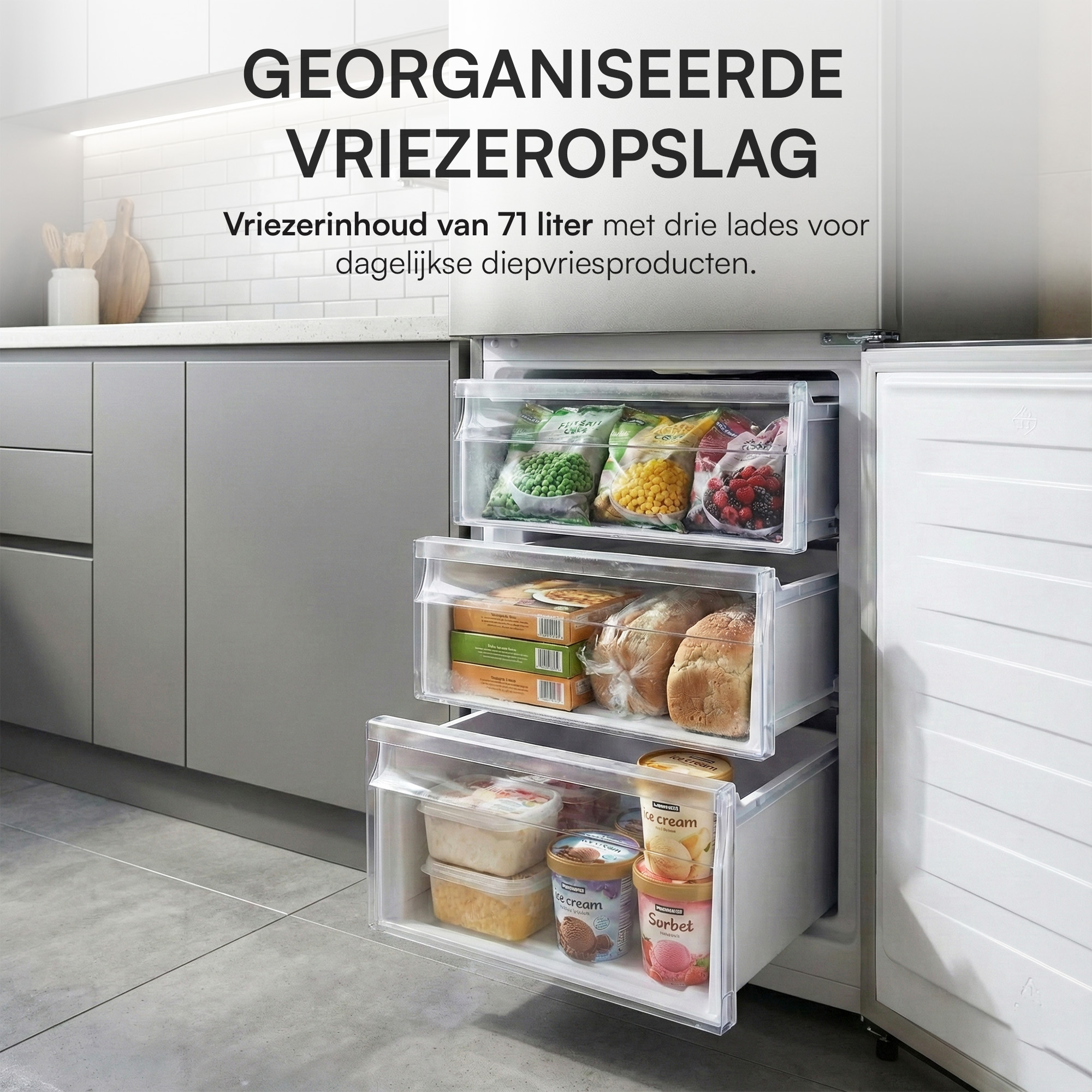 Open freezer with three drawers. The drawers contain frozen vegetables, bread, and ice cream.