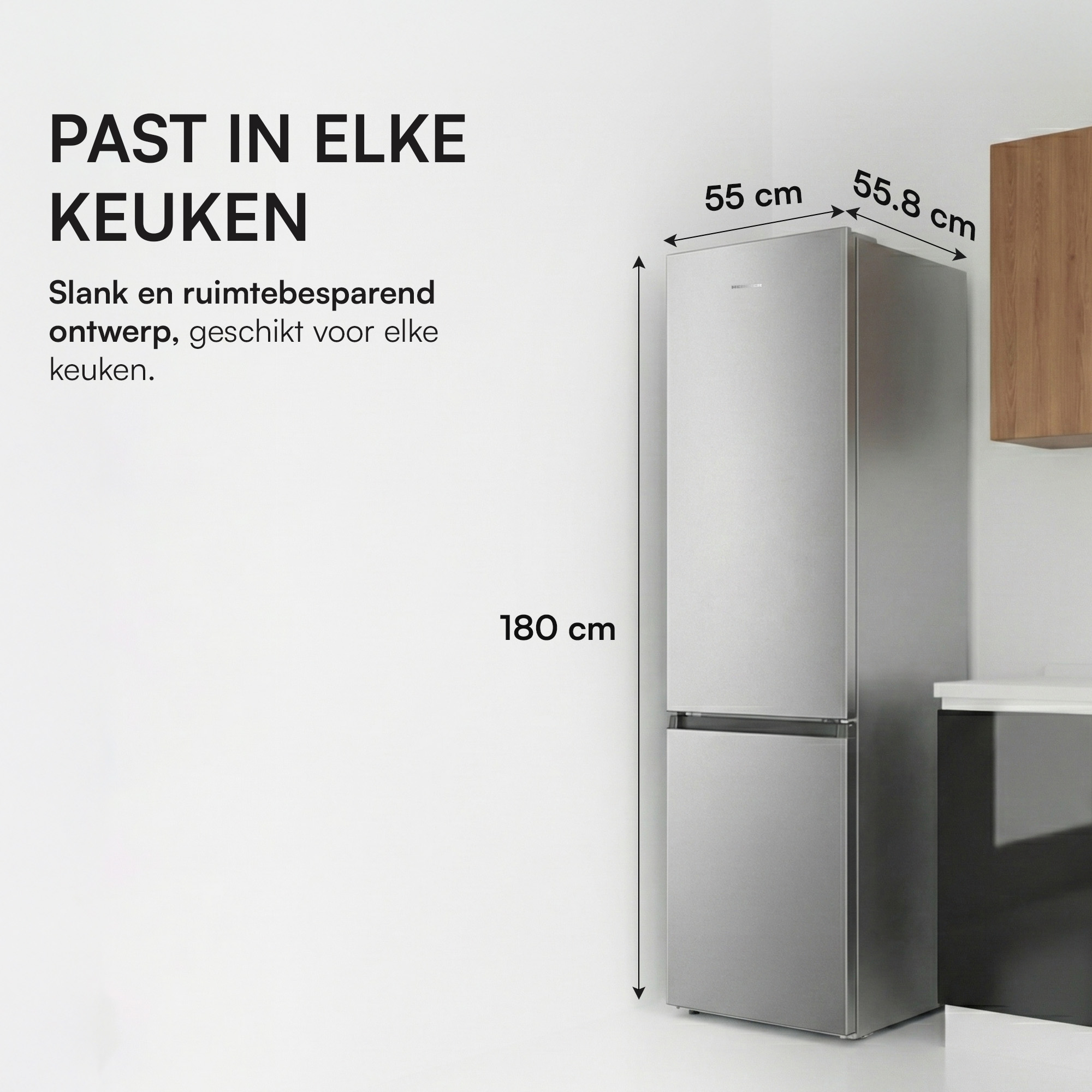 A silver refrigerator with dimensions labeled. Text in Dutch: Fits in every kitchen. Slim, space-saving design.