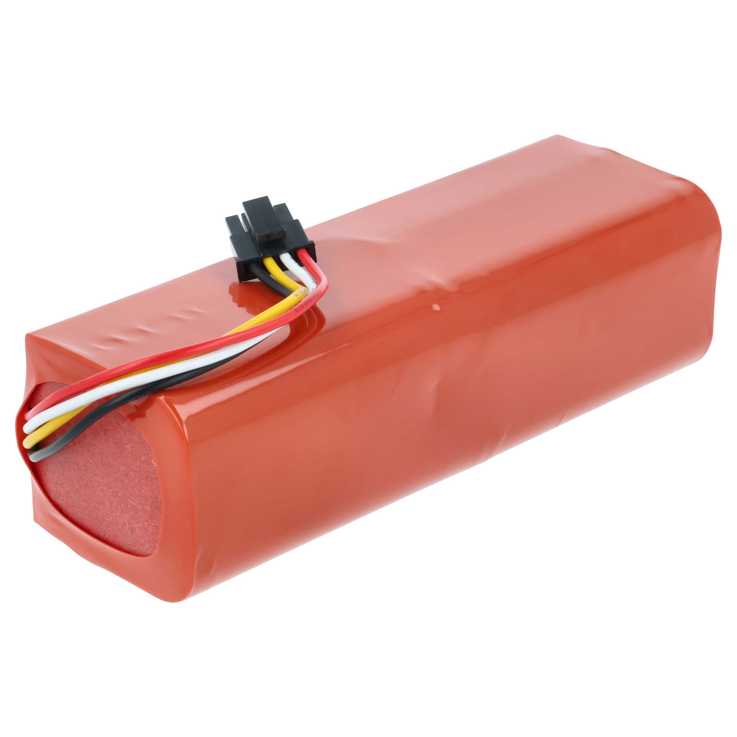 Ein rechteckiger, orangefarbener Akku mit farbigen Drähten und einem schwarzen Stecker. Der Hintergrund ist weiß.