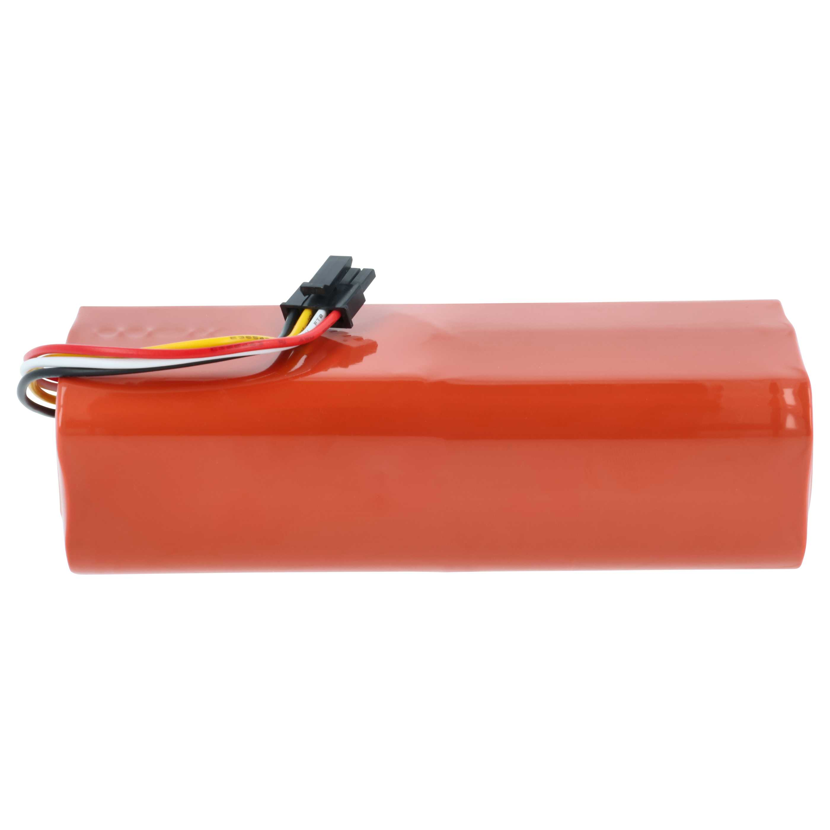Ein orangefarbener rechteckiger Akku mit angeschlossenen Drähten und einem schwarzen Stecker. Weißer Hintergrund.