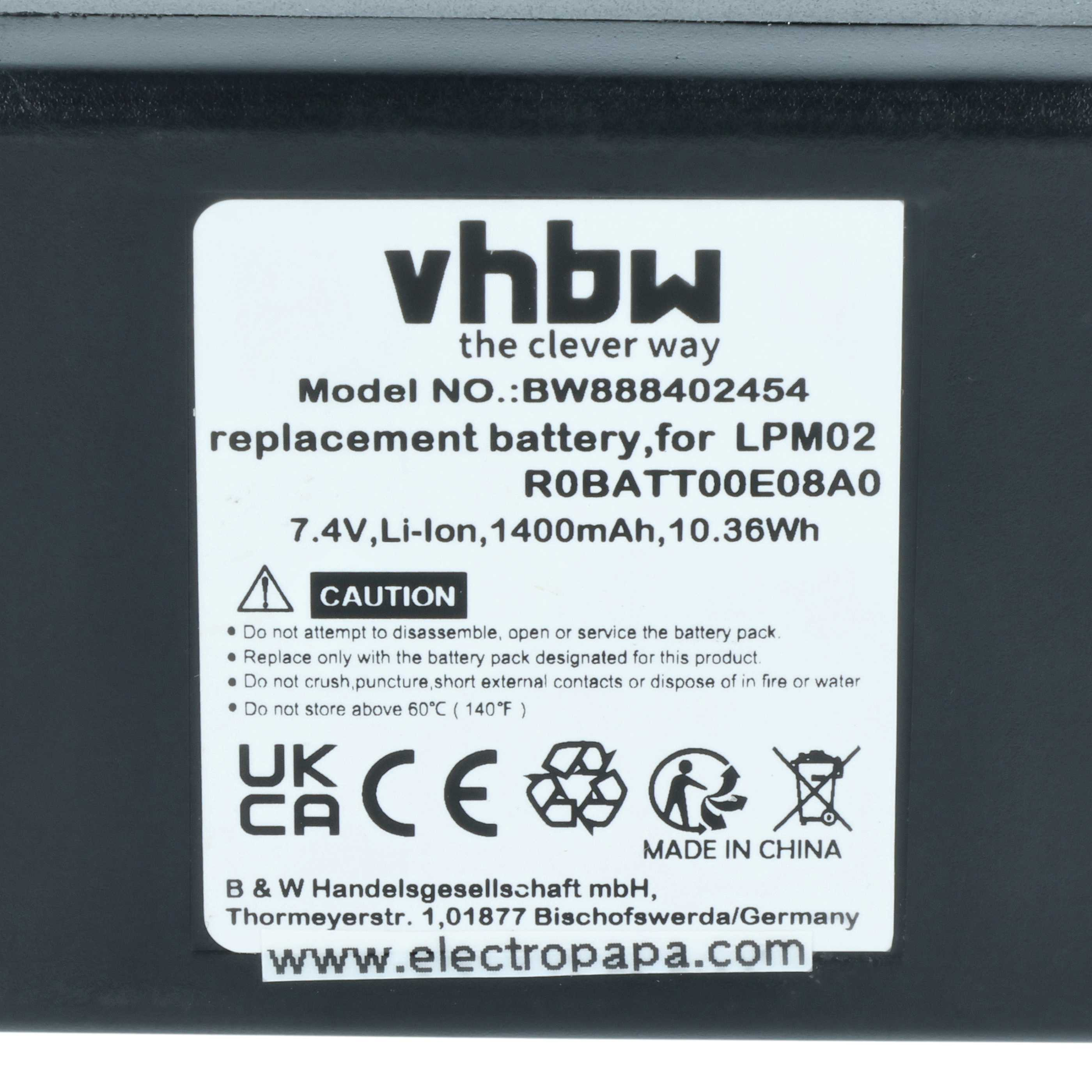 Ein Etikett auf einem schwarzen Akku mit Text. Es steht 'vhbw', '7.4V, Li-Ion' und 'Made in China'.