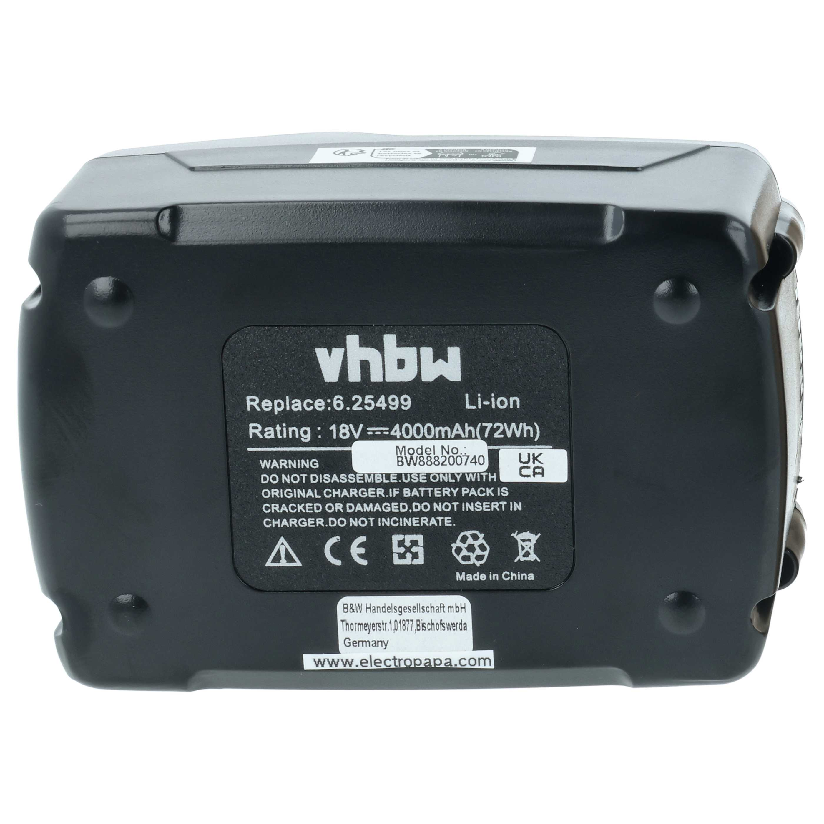 Ein schwarzes vhbw 18V-Akkupack mit Etikettendetails, einschließlich Warnhinweisen und Modellnummer, vor weißem Hintergrund.
