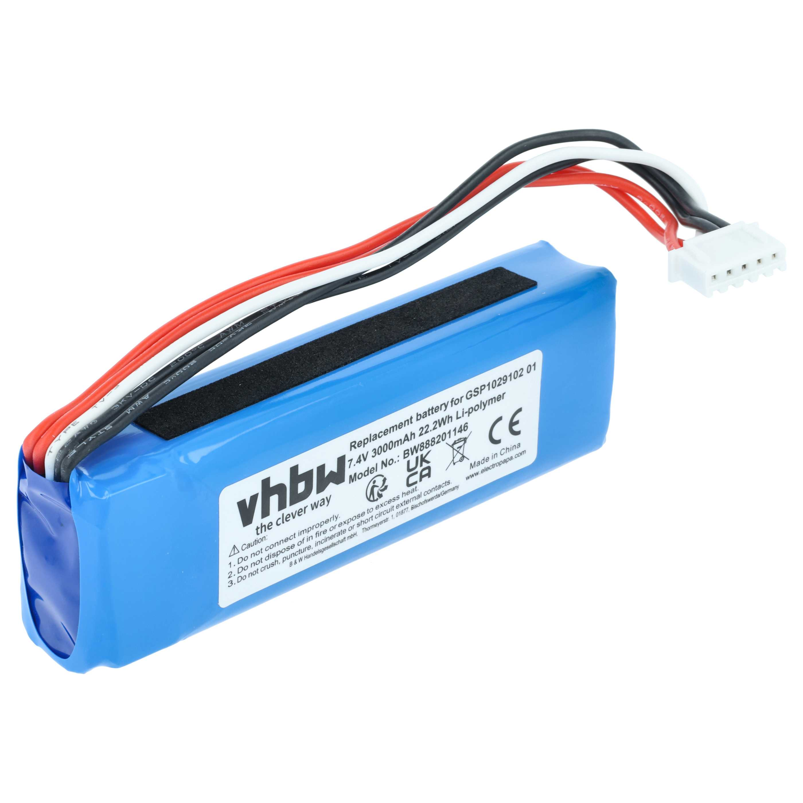Ein blauer Akku mit Drähten und einem weißen Stecker. Er hat ein Etikett mit Text.