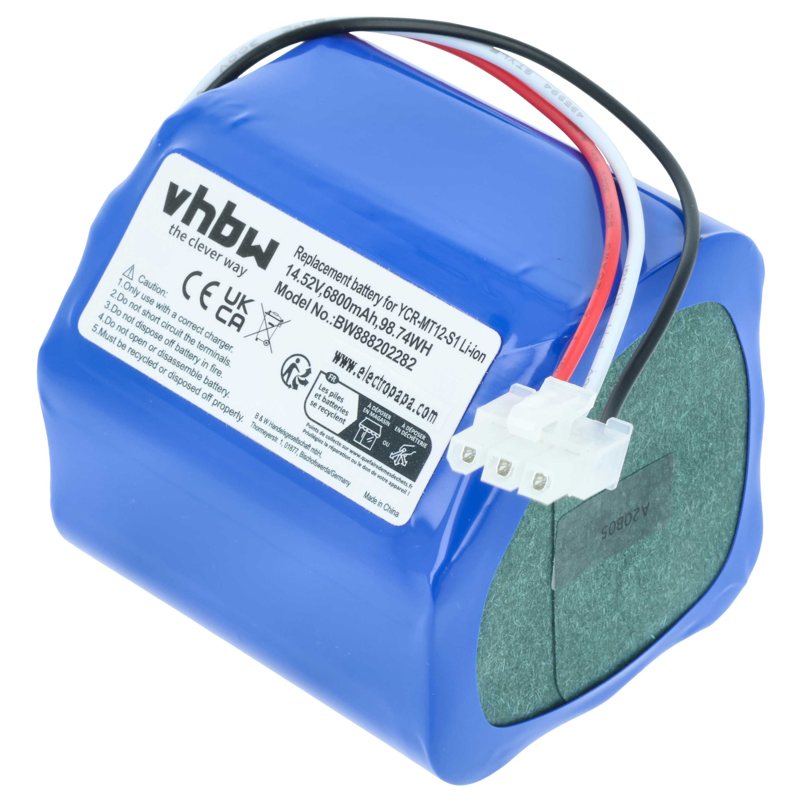 Blauer Akku mit weißen, roten und schwarzen Drähten. Text auf dem Akku weist auf einen Ersatzakku hin.