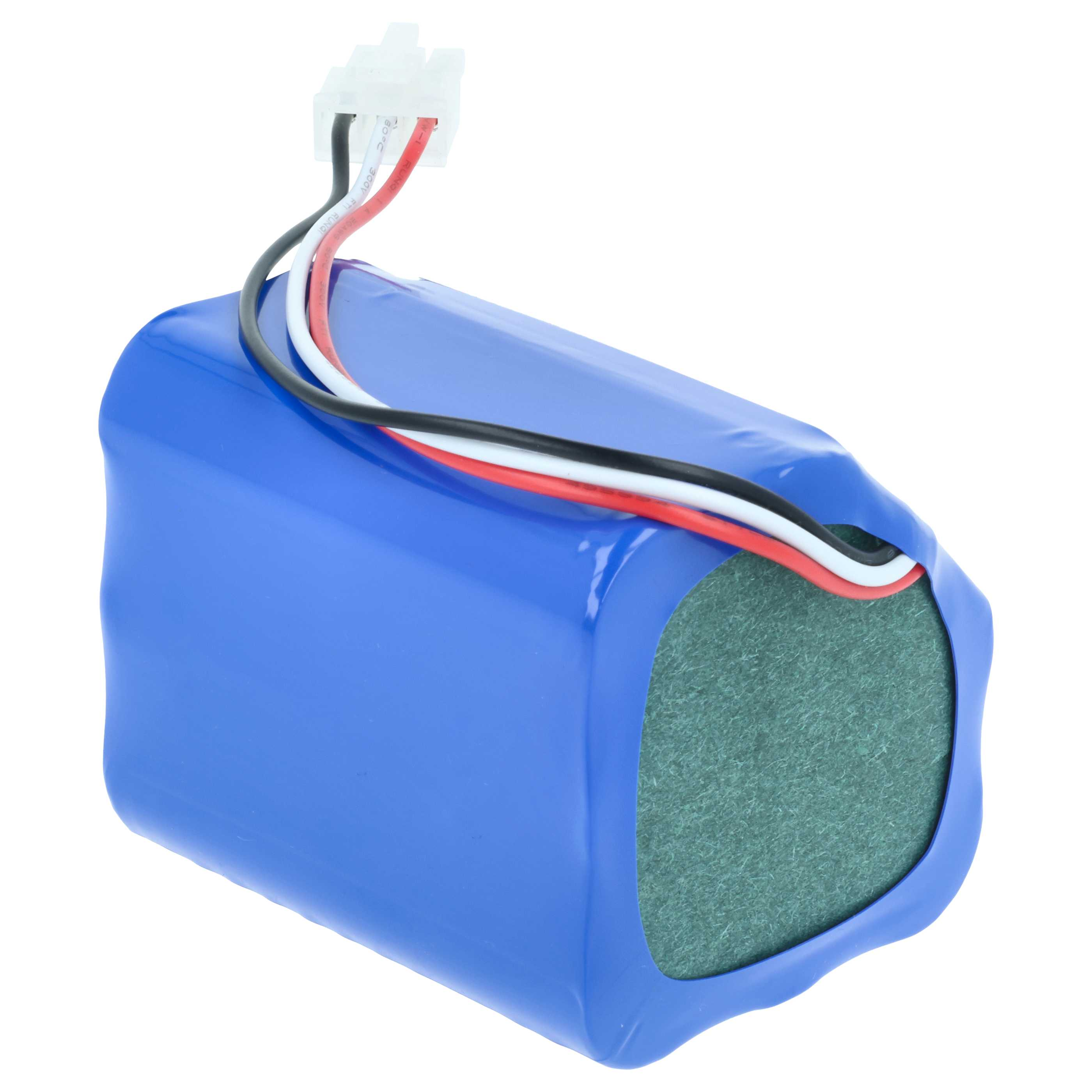 Ein blauer Akku mit Drähten und einem Stecker. Der Akku ist rechteckig mit einer grünen Oberfläche.