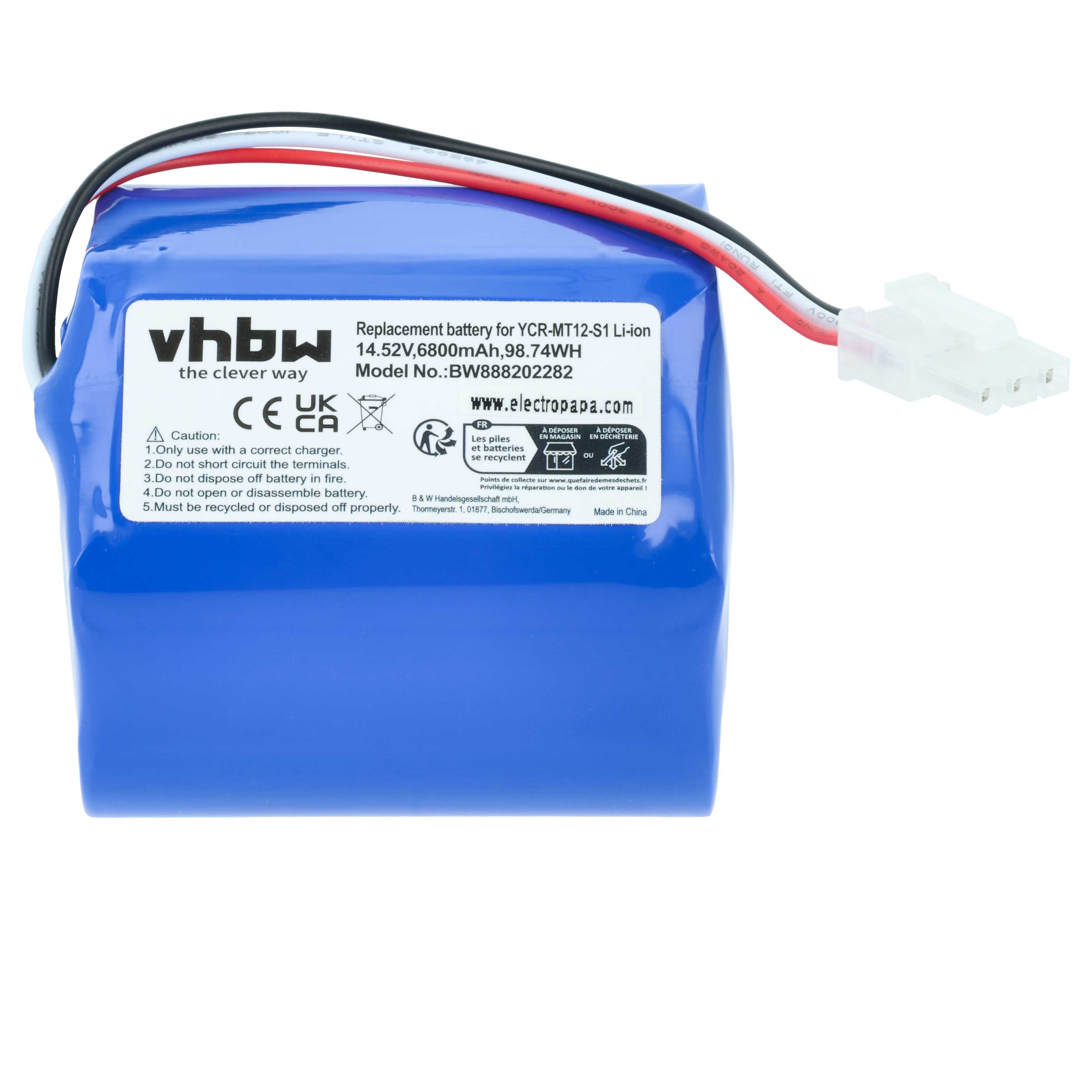 Blaue Batterie mit weißem Etikett und Text. Drähte mit Stecker. Schwarze, weiße und rote Drähte sind sichtbar.