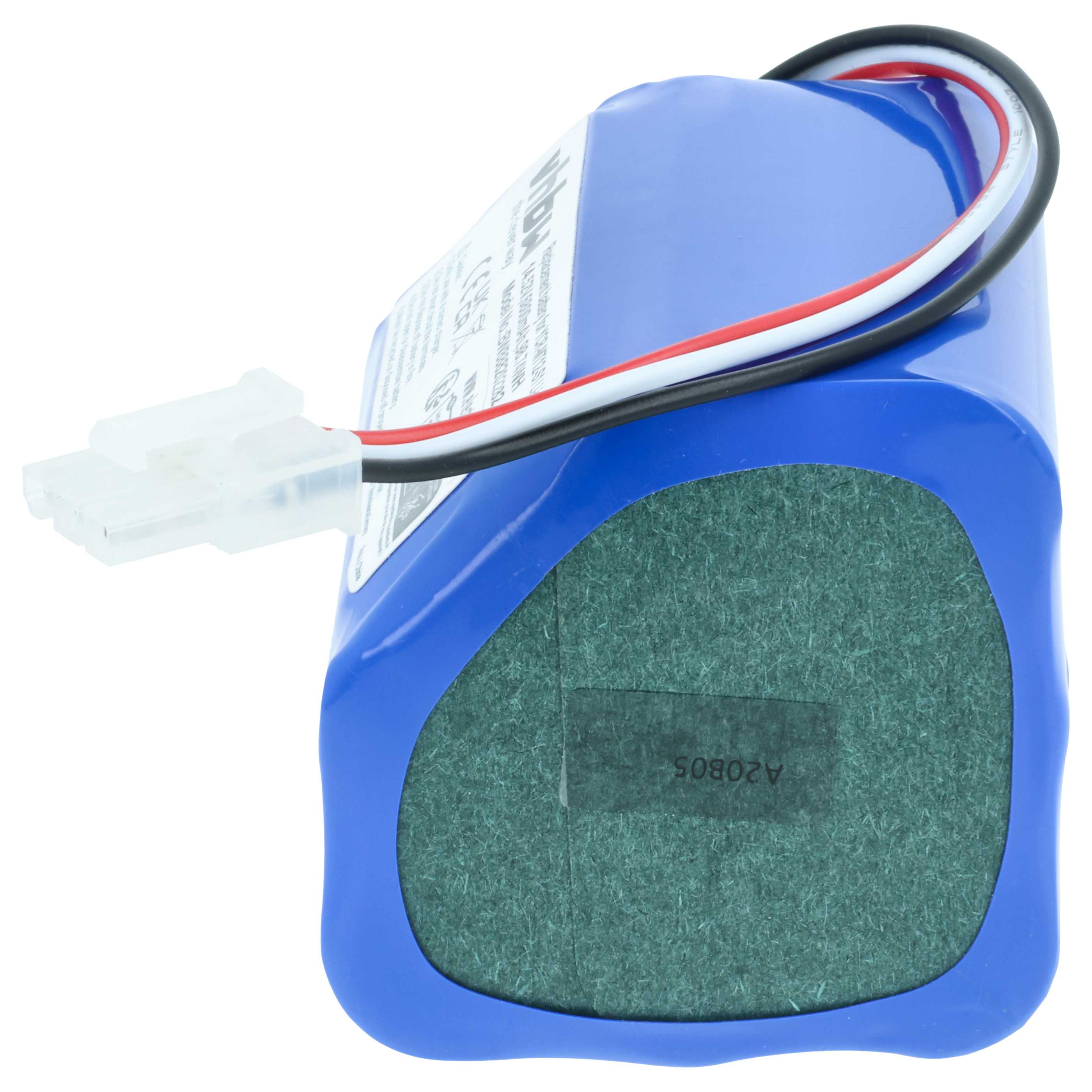 Ein blauer Akku mit Drähten und einem Stecker. Er hat ein grün strukturiertes Pad auf einer Seite.