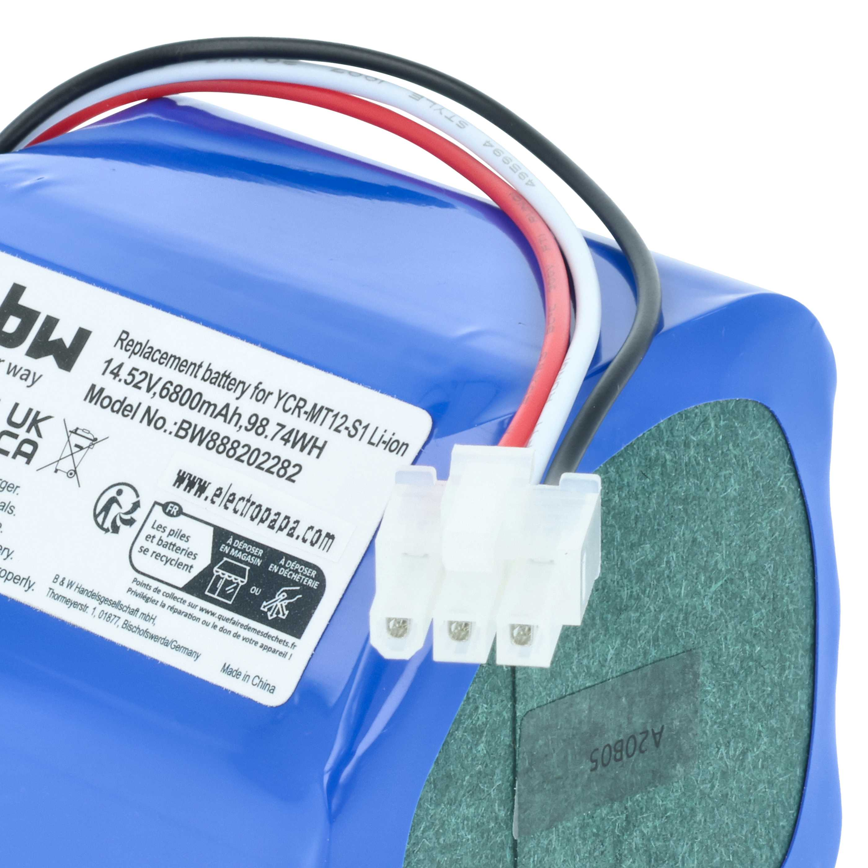 Blaue Batterie mit Kabeln und weißem Stecker. Text enthält Spannung, Modell und Recyclinghinweise.