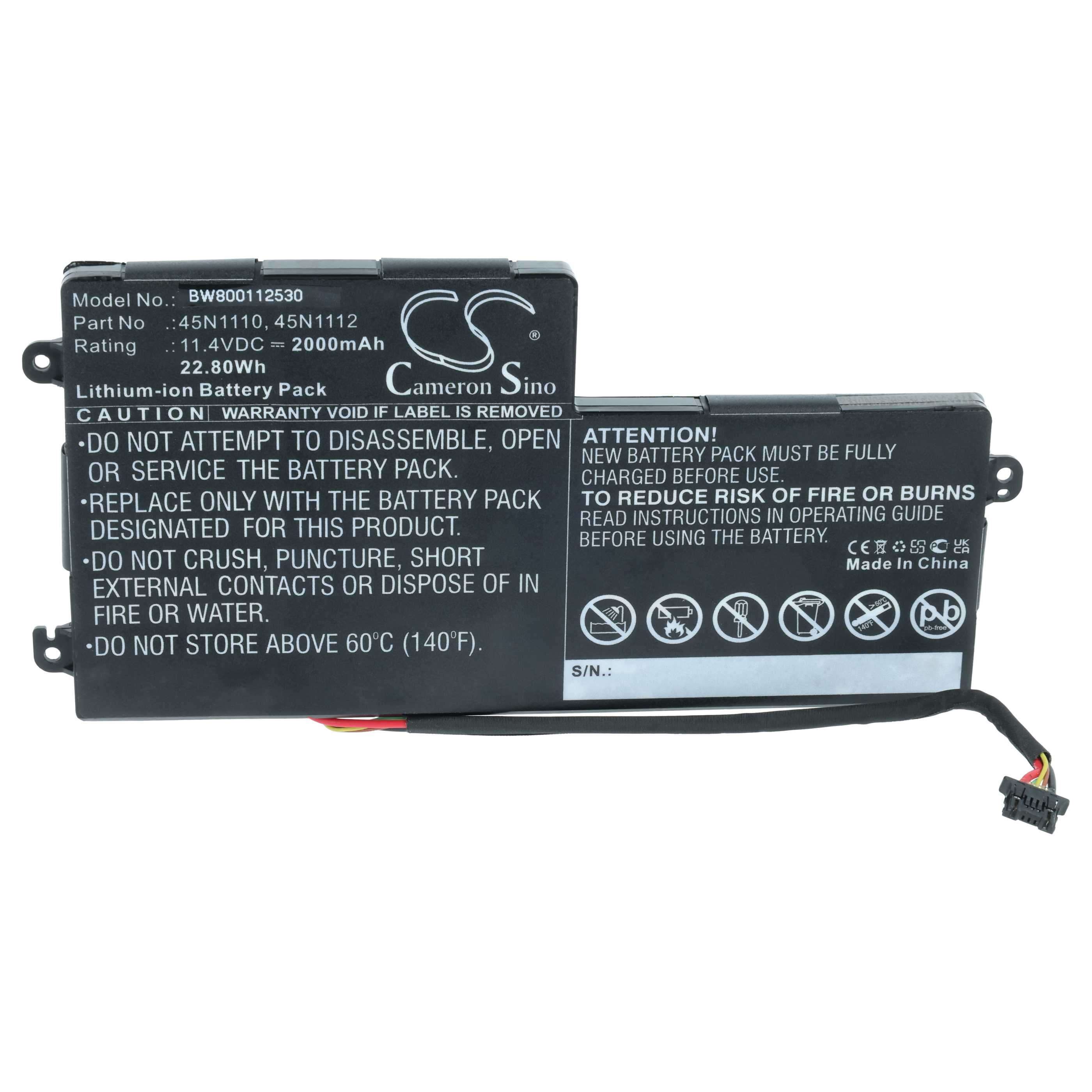 Ein rechteckiger schwarzer Akku mit Text, einem Stecker und dem Cameron Sino-Logo.