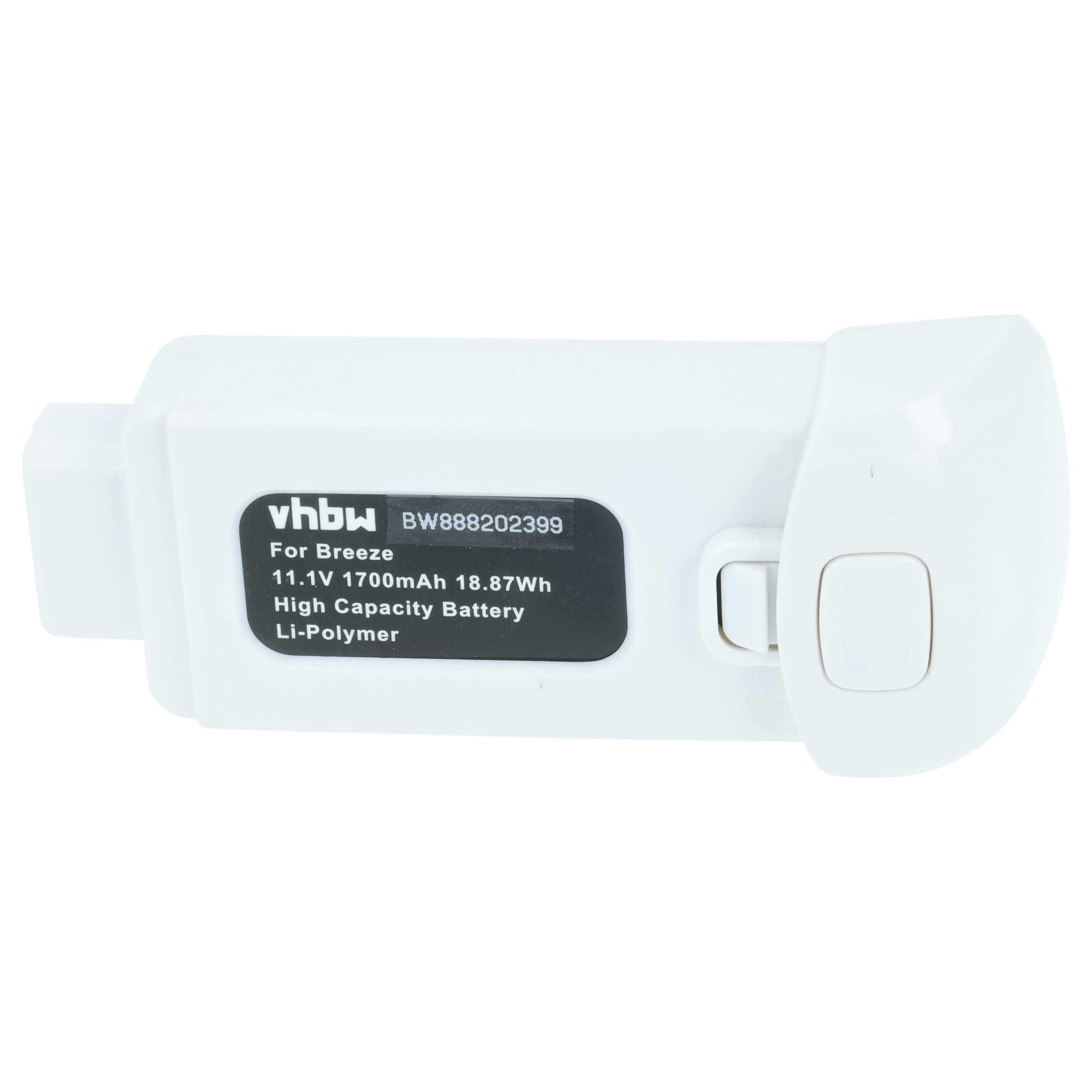Ein weißer Akku mit schwarzem Text. Er lautet vhbw, For Breeze, 11,1 V 1700 mAh, High Capacity Battery und Li-Polymer.