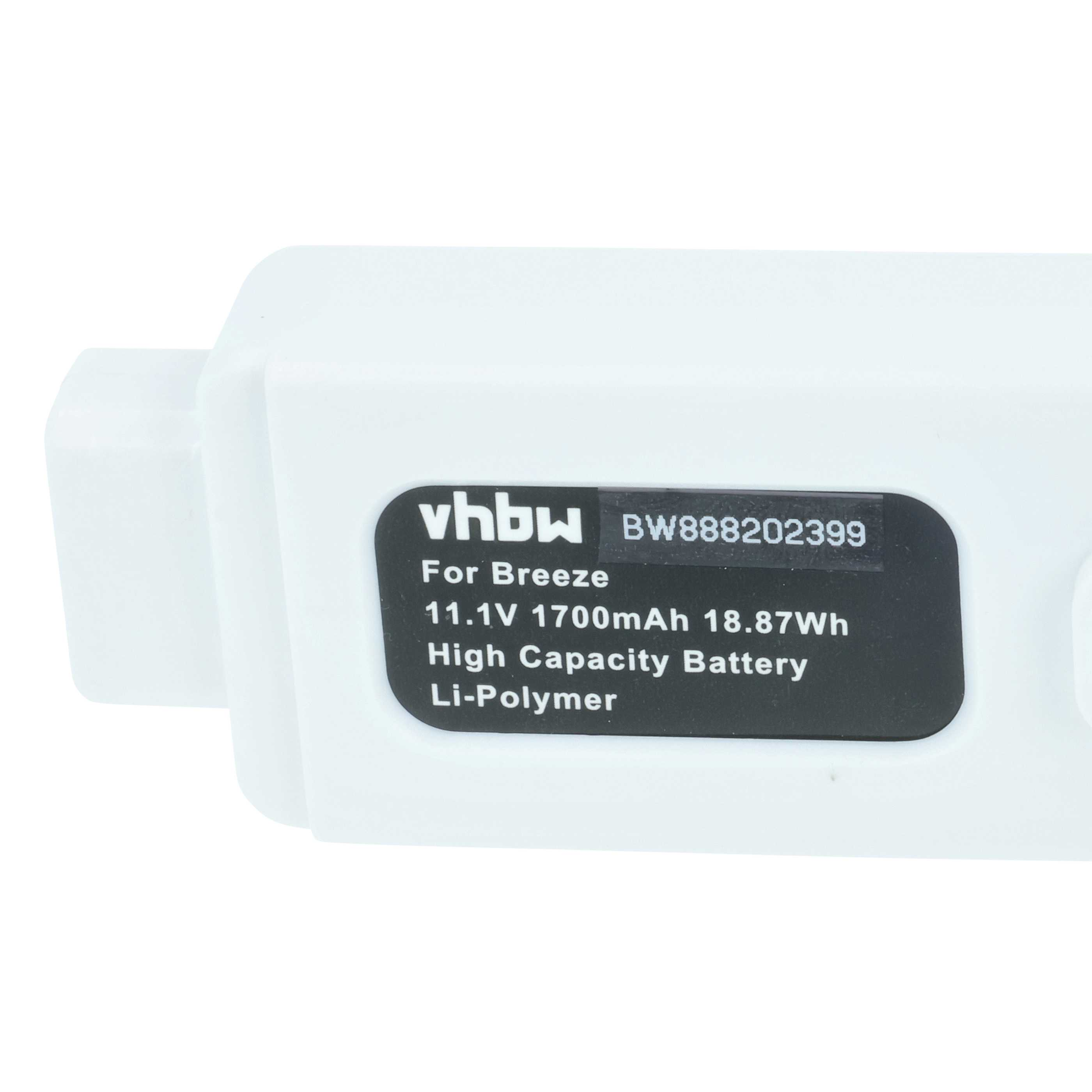 Weißes Akkupack mit schwarzem Etikett. Der Etikettentext enthält 'vhbw', 'For Breeze' und Akkudaten: 11,1 V, 1700 mAh.