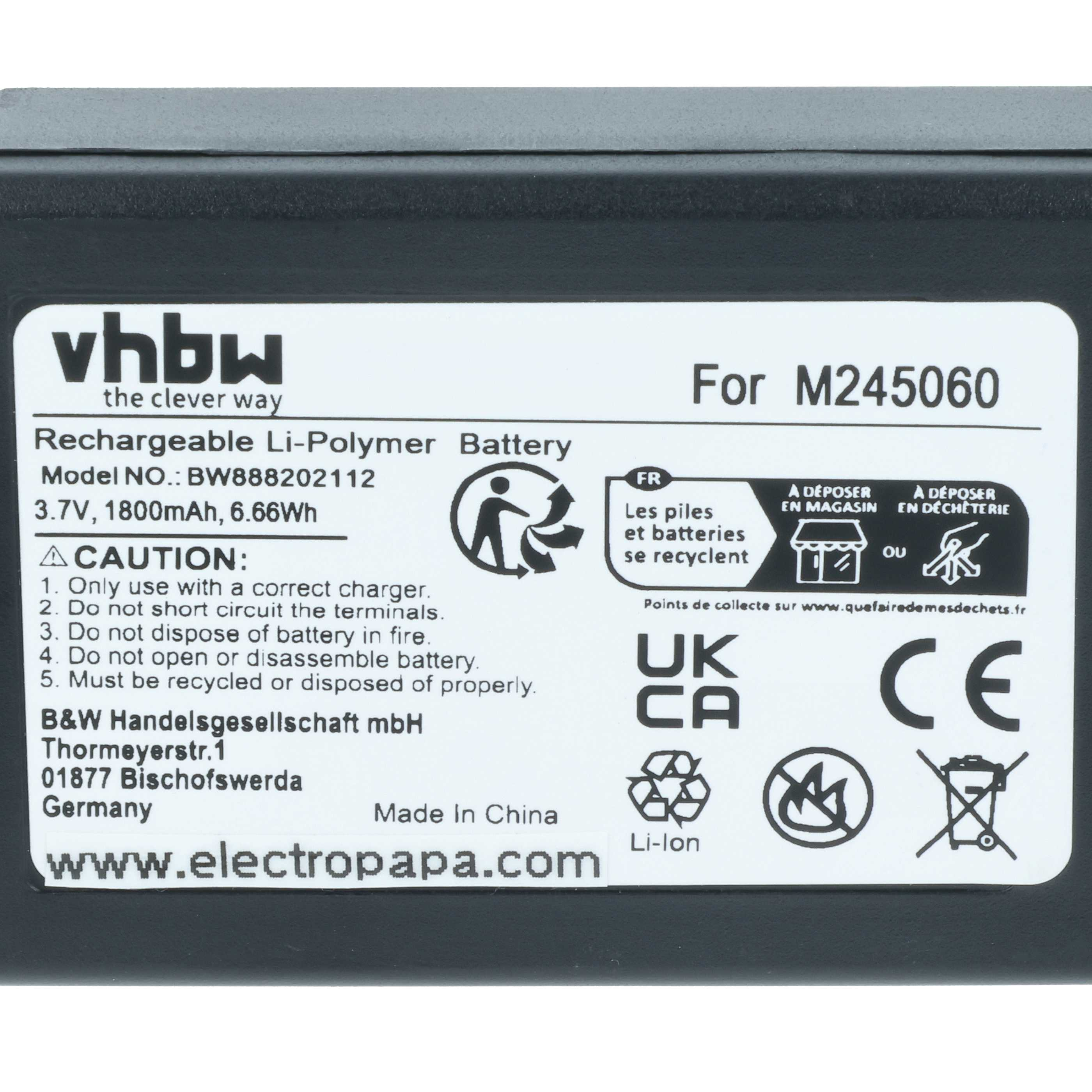 Ein Batterieetikett mit Text und Symbolen. Es enthält Marke, Modell, Spannung und Recyclinghinweise.