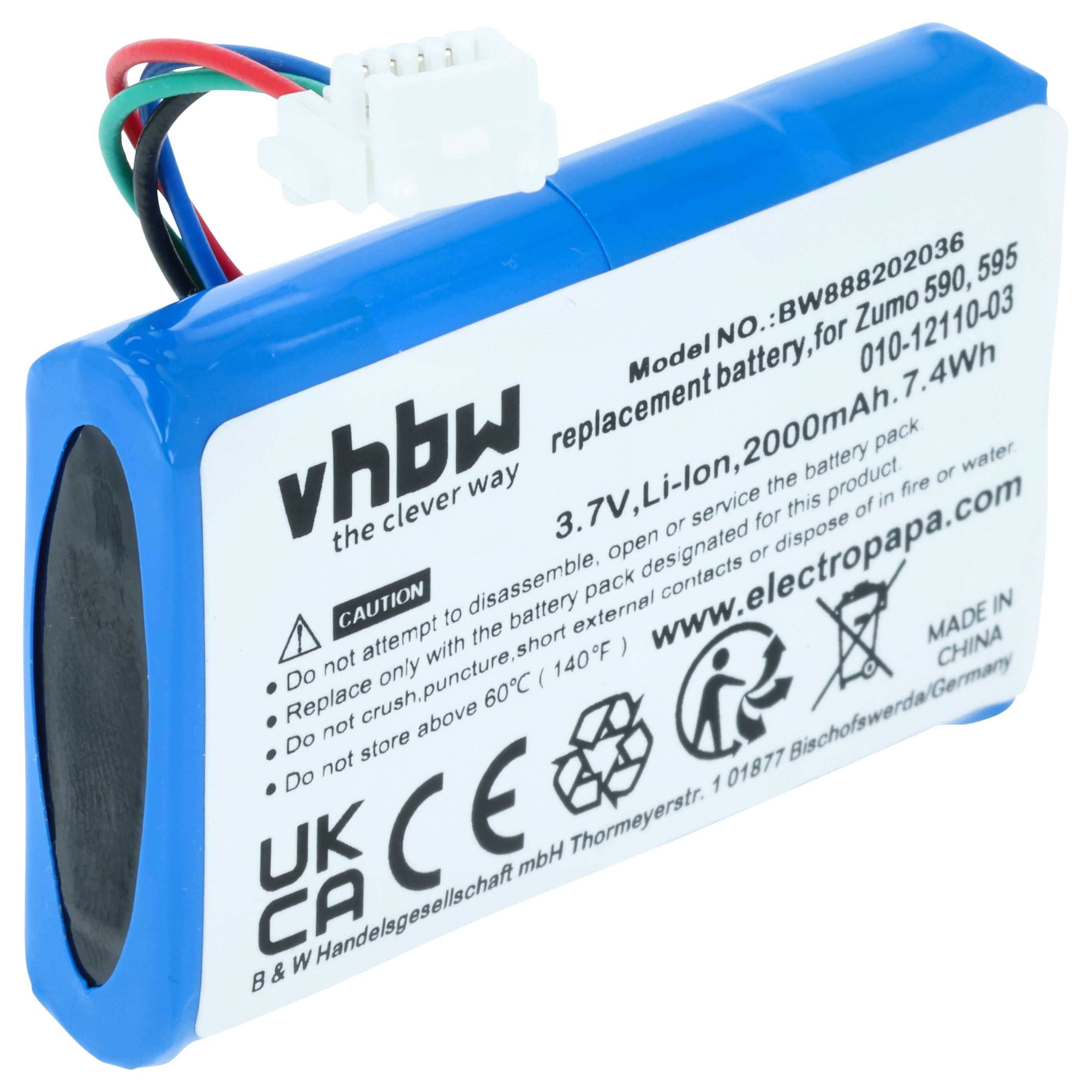 Blauer Akku mit weißem Etikett. Text enthält 'vhbw', '3,7V Li-Ion', '2000mAh' und Warnhinweise.
