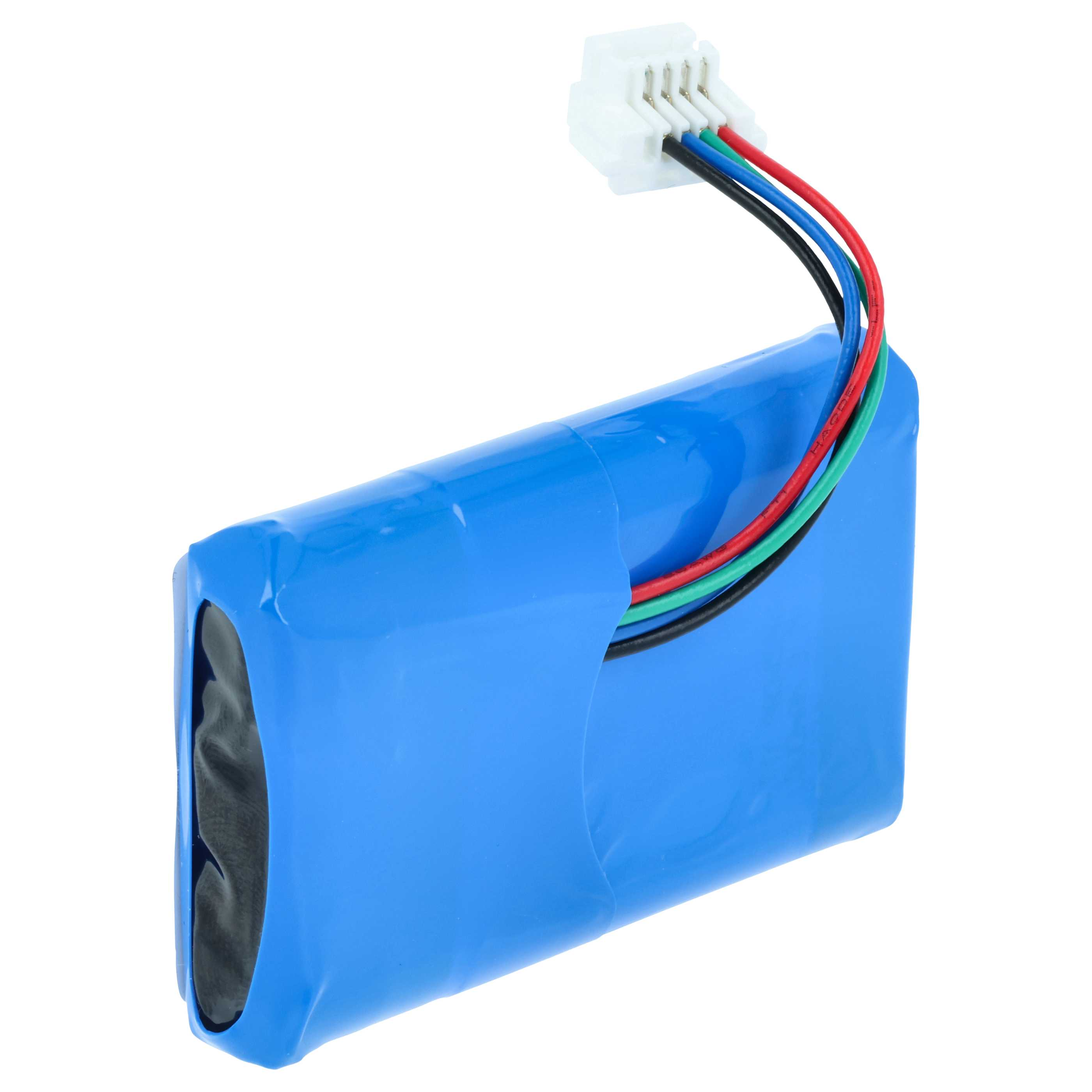 Ein blauer Akku mit weißem Stecker und roten, schwarzen, grünen und blauen Drähten, die sich davon erstrecken.