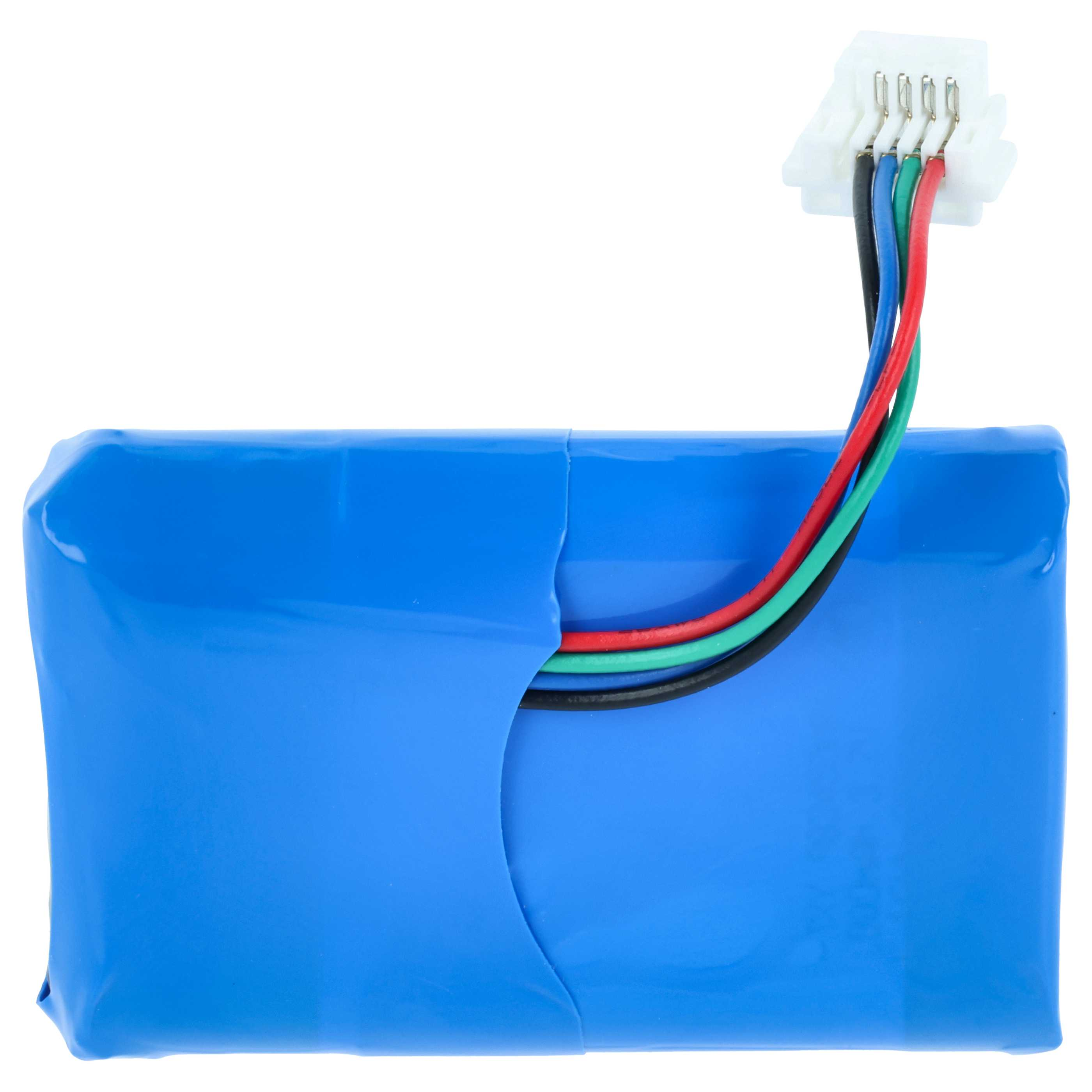 Ein blaues Batteriepack mit farbigen Drähten, die mit einem weißen Stecker verbunden sind. Die Drähte sind schwarz, blau, grün und rot.