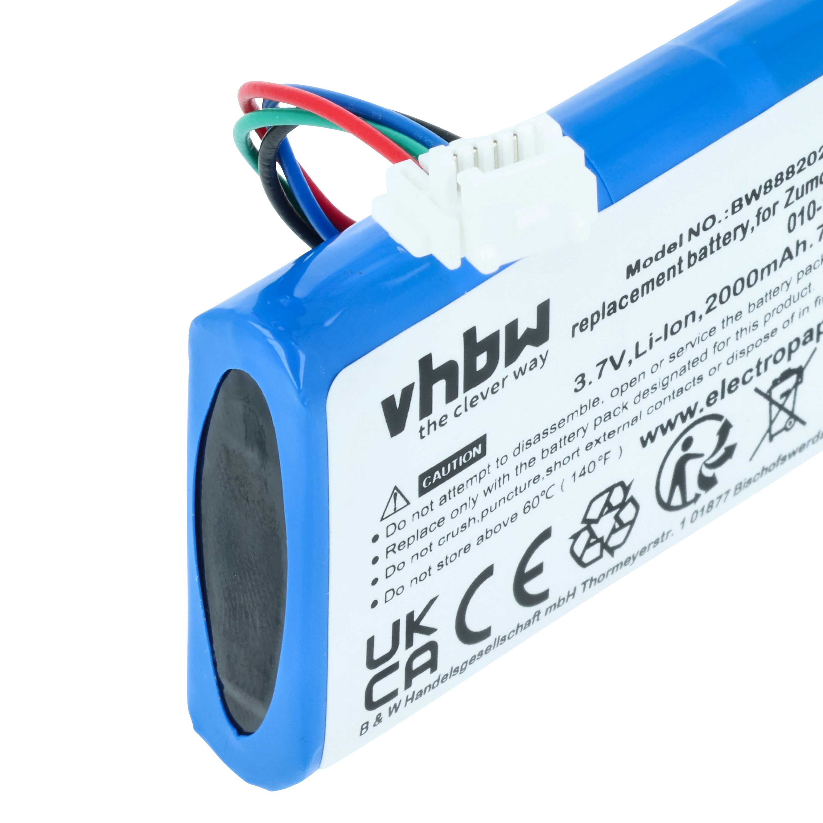 Ein blauer Akku mit weißem Stecker und farbigen Drähten. Er hat ein Warnschild und das vhbw-Logo.