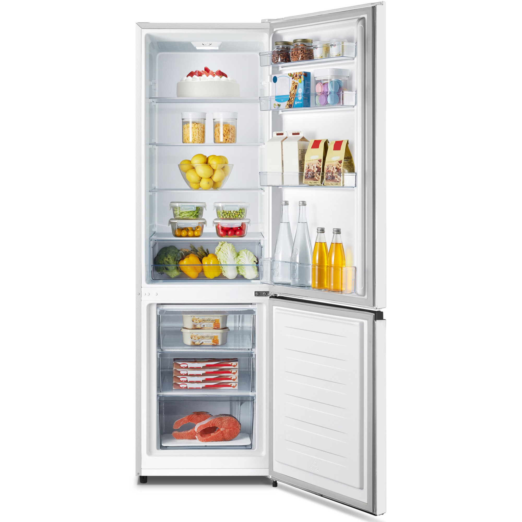 Open refrigerator filled with food: cake, fruits, vegetables, drinks, and frozen food. White interior.