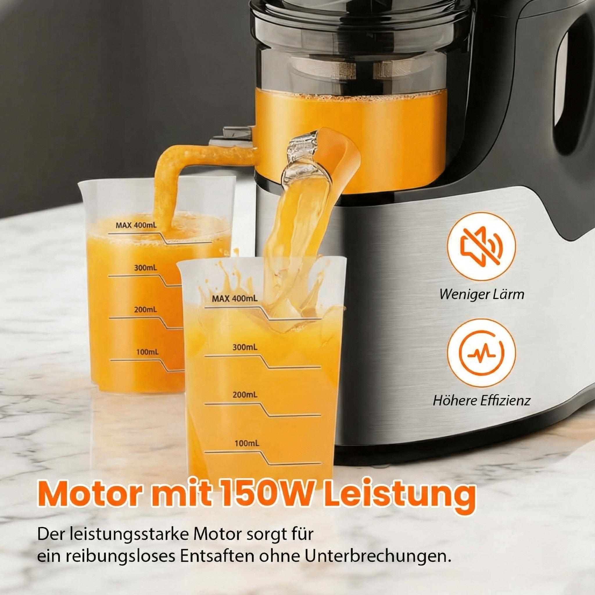 Orangensaft wird aus einem Entsafter in Messbecher gegossen. Text: 'Motor mit 150W Leistung'.