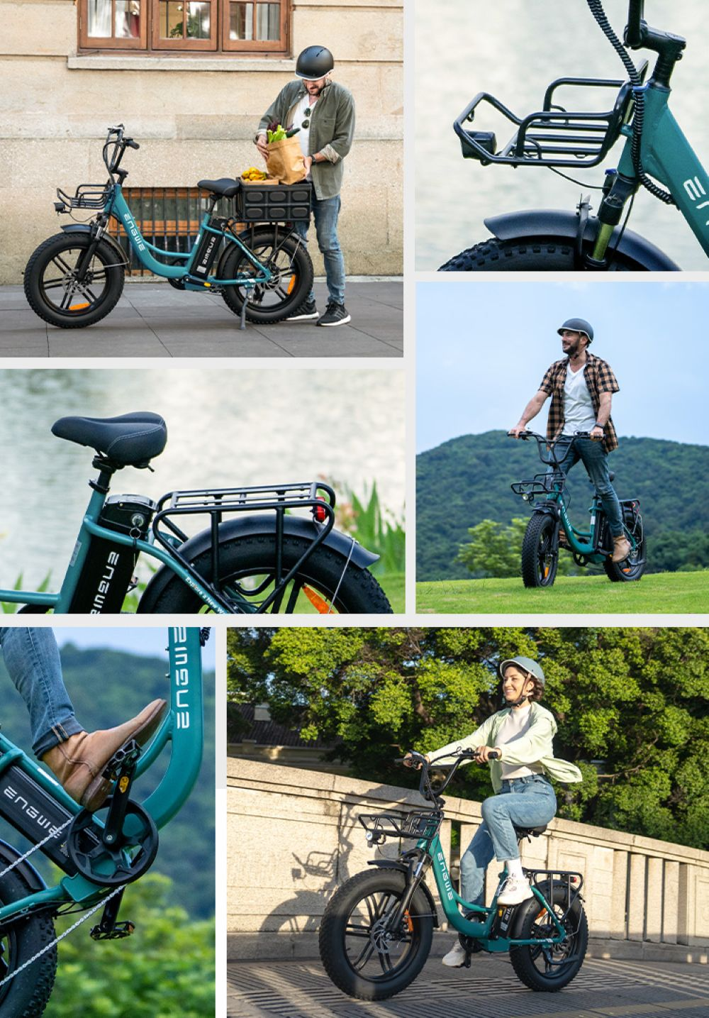 Múltiples imágenes de una bicicleta eléctrica turquesa. Se ve a personas con la bicicleta en varios entornos, incluidas calles y parques.