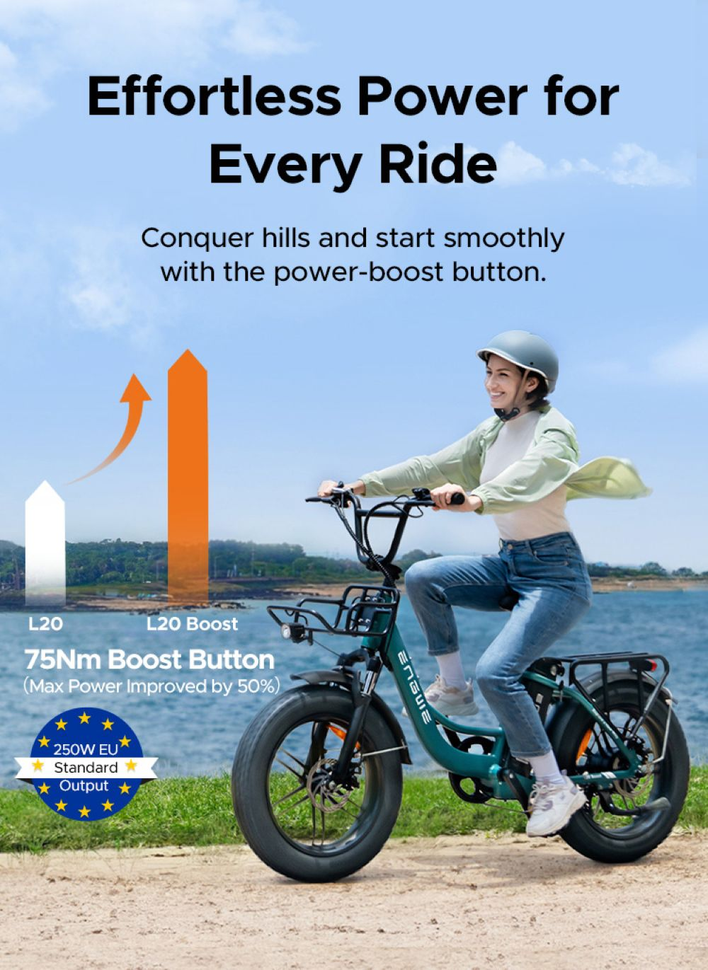 Una mujer monta en bicicleta eléctrica. La bicicleta es verde. El fondo es un cielo azul y agua. El texto dice 'Effortless Power'.