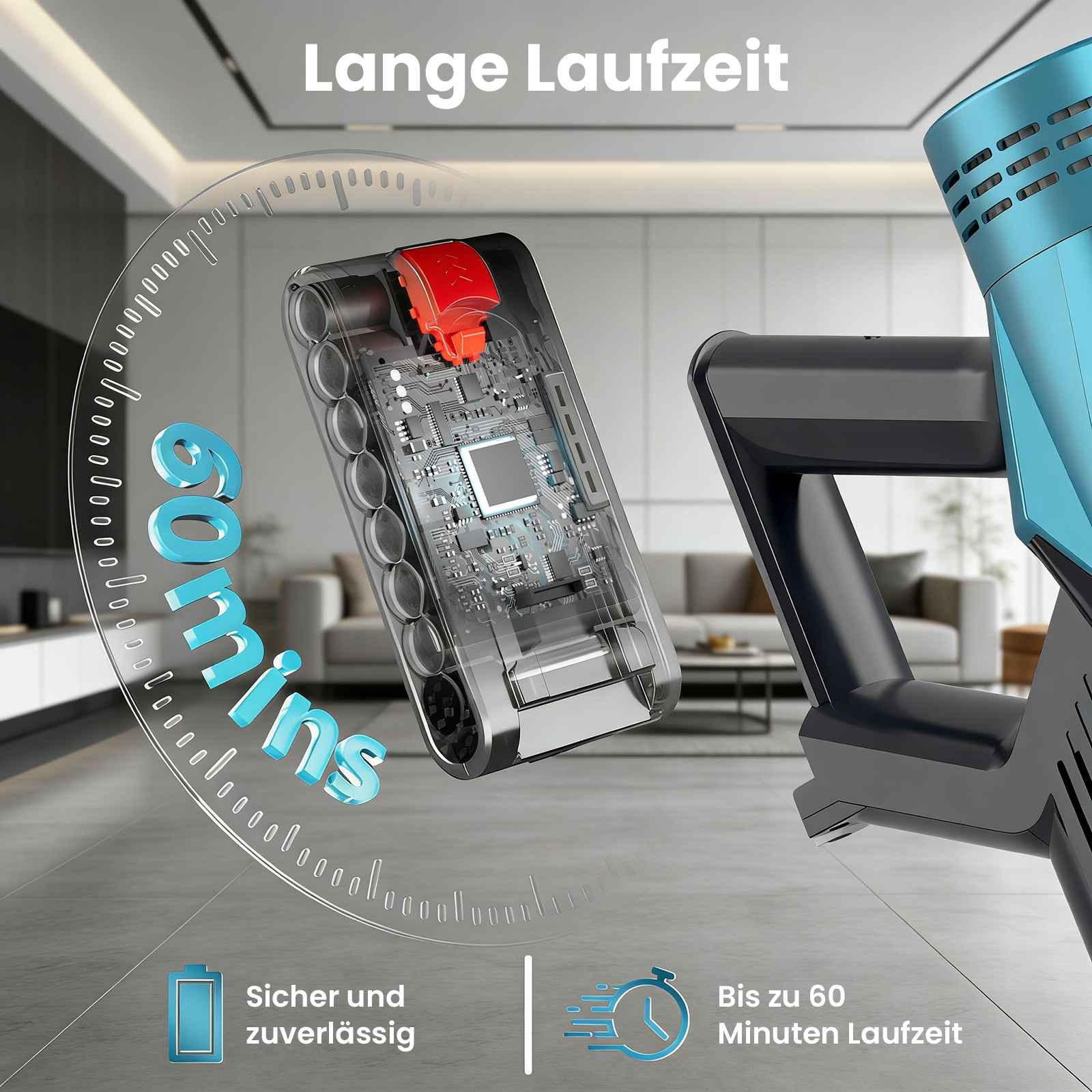 Das Bild zeigt einen Staubsauger mit Akku und einem Timer, der 60 Minuten Nutzung anzeigt. Text erwähnt lange Laufzeit.