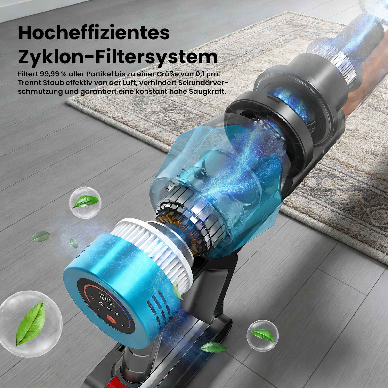 Nahaufnahme eines Staubsaugers mit blauem Filter. Der Boden ist grau, und der Hintergrund hat einen Teppich.