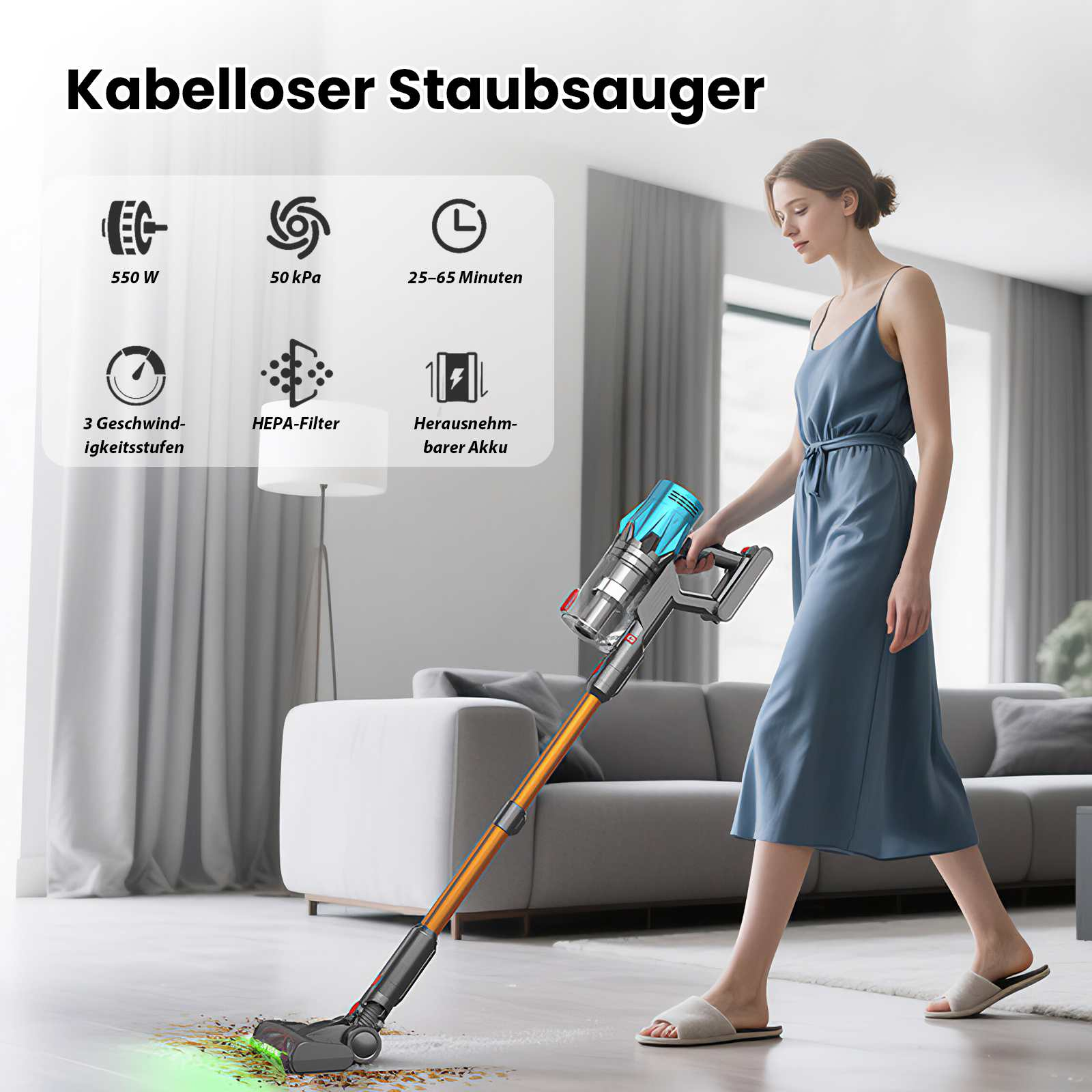 Frau benutzt kabellosen Staubsauger. Merkmale werden gezeigt. Gerät ist türkis und orange. Die Frau trägt blaues Kleid.