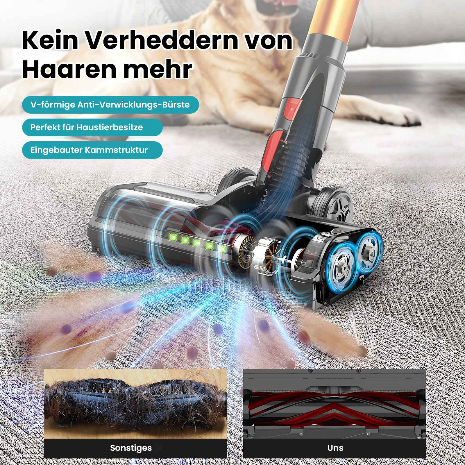 Staubsauger mit V-förmiger Bürste, für Tierbesitzer. Zeigt Haarsammlung und Mechanismus, mit Hund im Hintergrund.