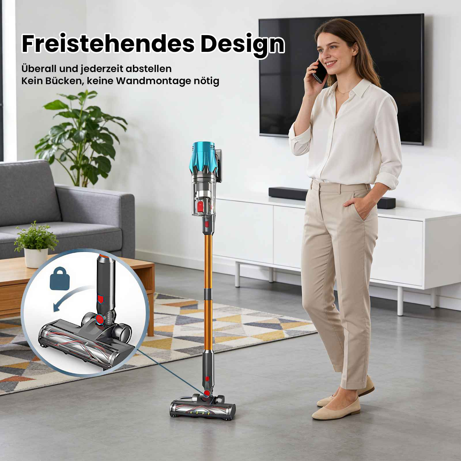 Eine Frau telefoniert in der Nähe eines Staubsaugers. Der Staubsauger ist gold und blau. Ein Diagramm zeigt den Kopf des Staubsaugers.