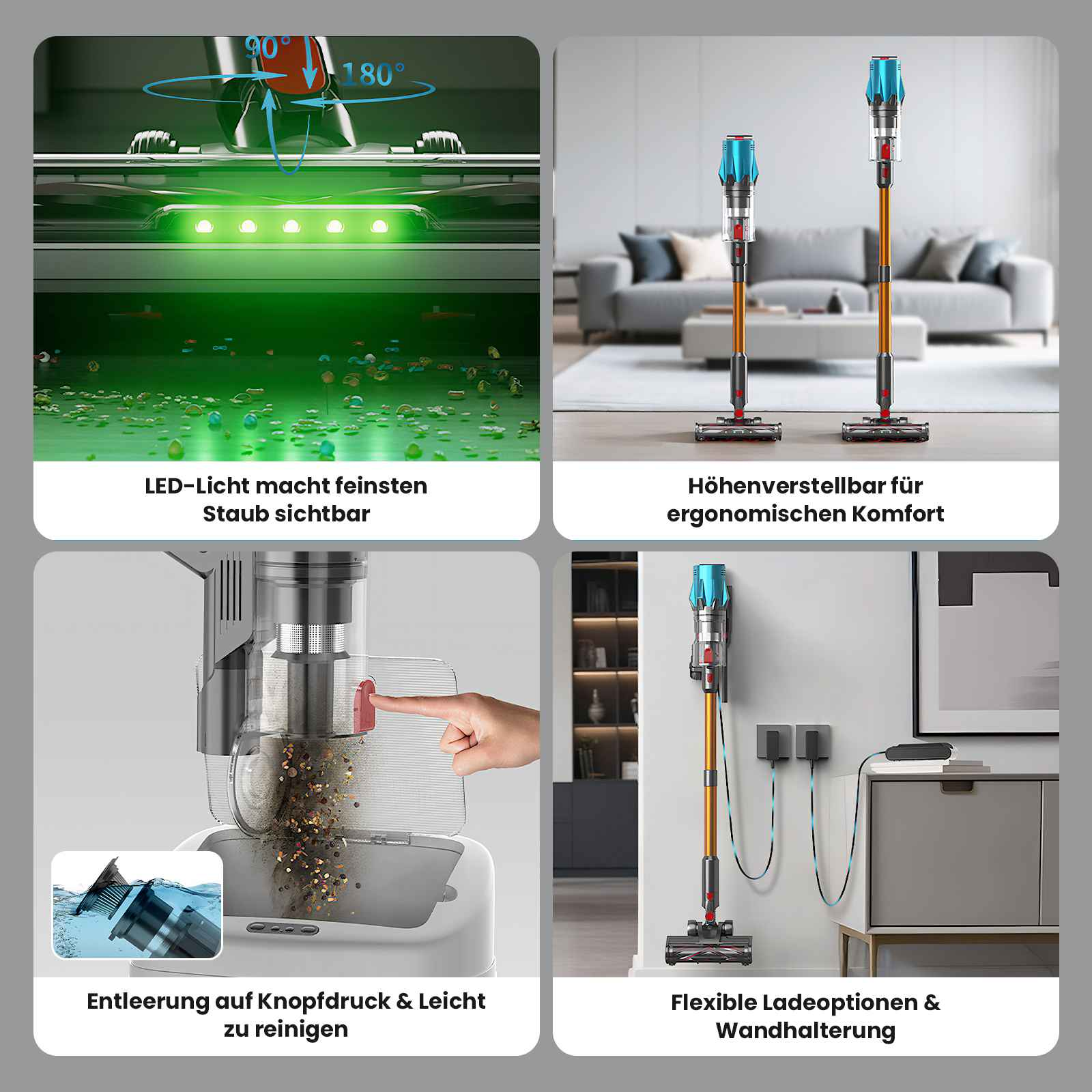 Das Bild zeigt einen Staubsauger mit Funktionen: LED-Licht, höhenverstellbar, leichtes Entleeren und flexible Lademöglichkeiten.