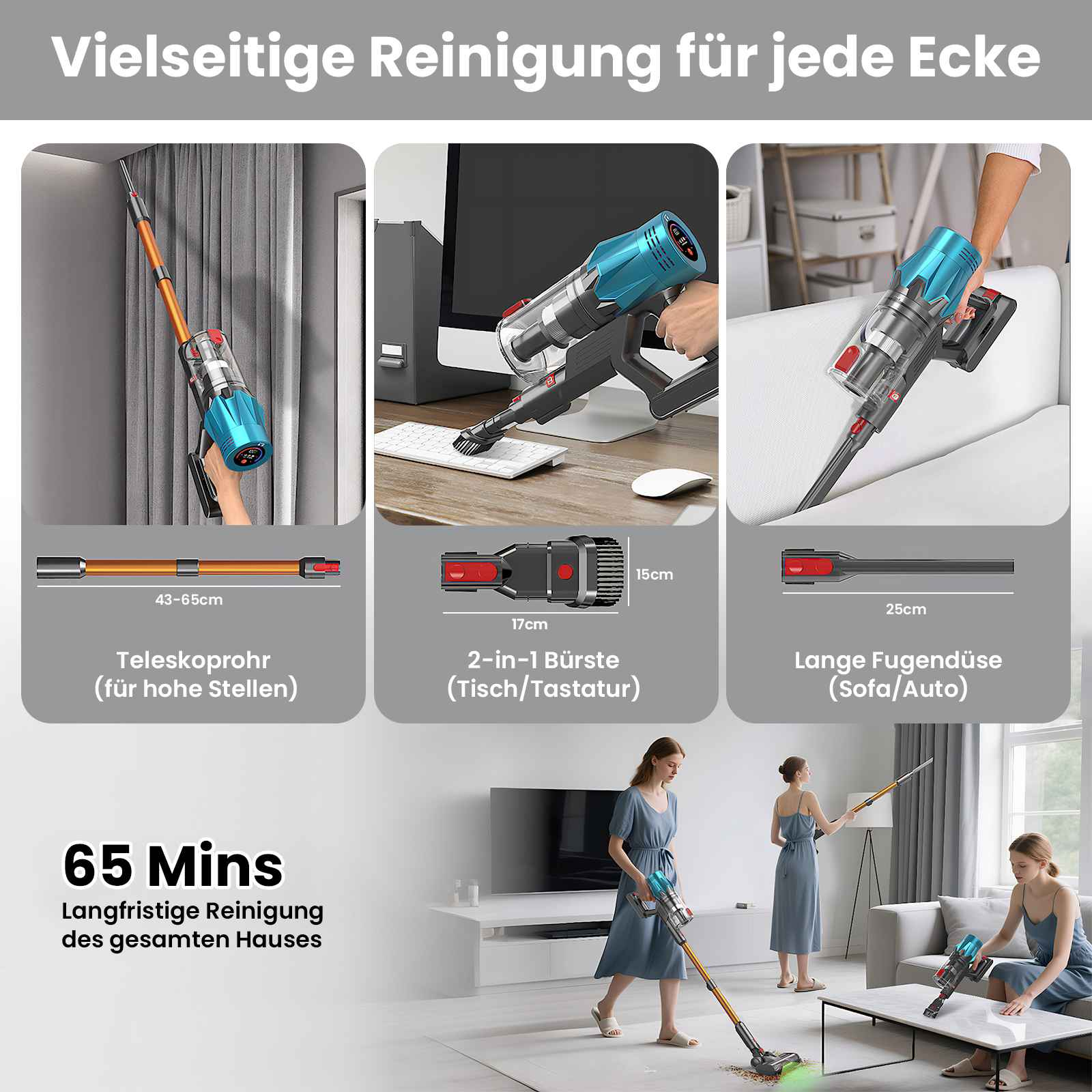 Das Bild zeigt einen Staubsauger mit verschiedenen Aufsätzen. Menschen benutzen ihn, um ein Haus zu reinigen.