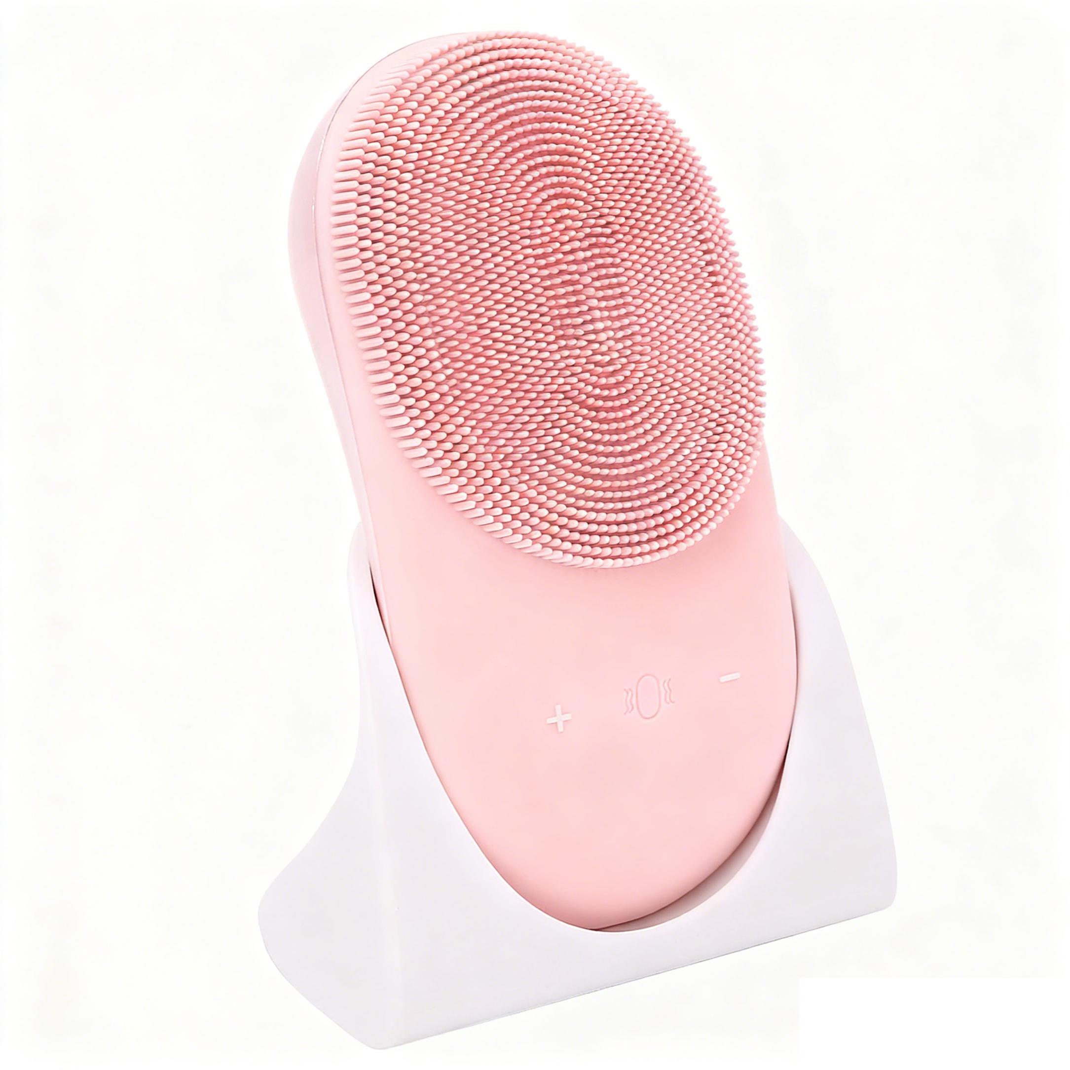 Eine rosa Gesichtsbürste steht in einem weißen Ständer. Sie hat einen strukturierten Kopf und Bedientasten.