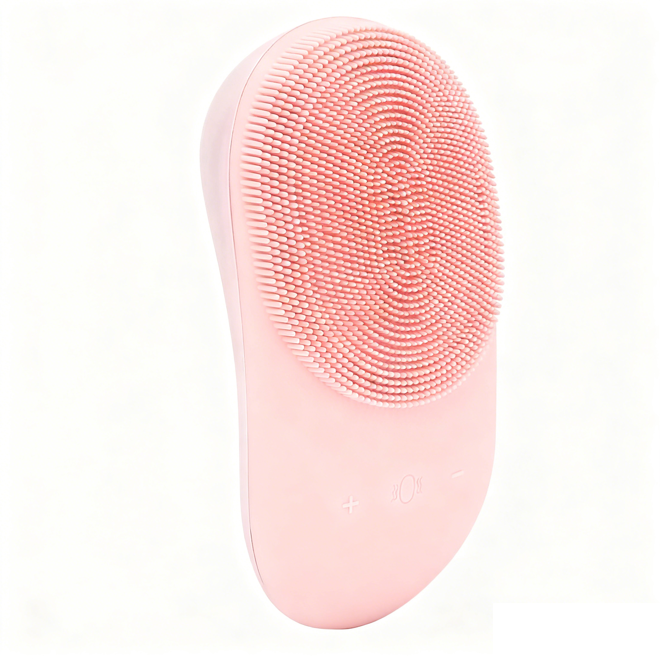 Eine rosa Gesichtsreinigungsbürste mit weichen Borsten und Bedienelementen vor weißem Hintergrund.