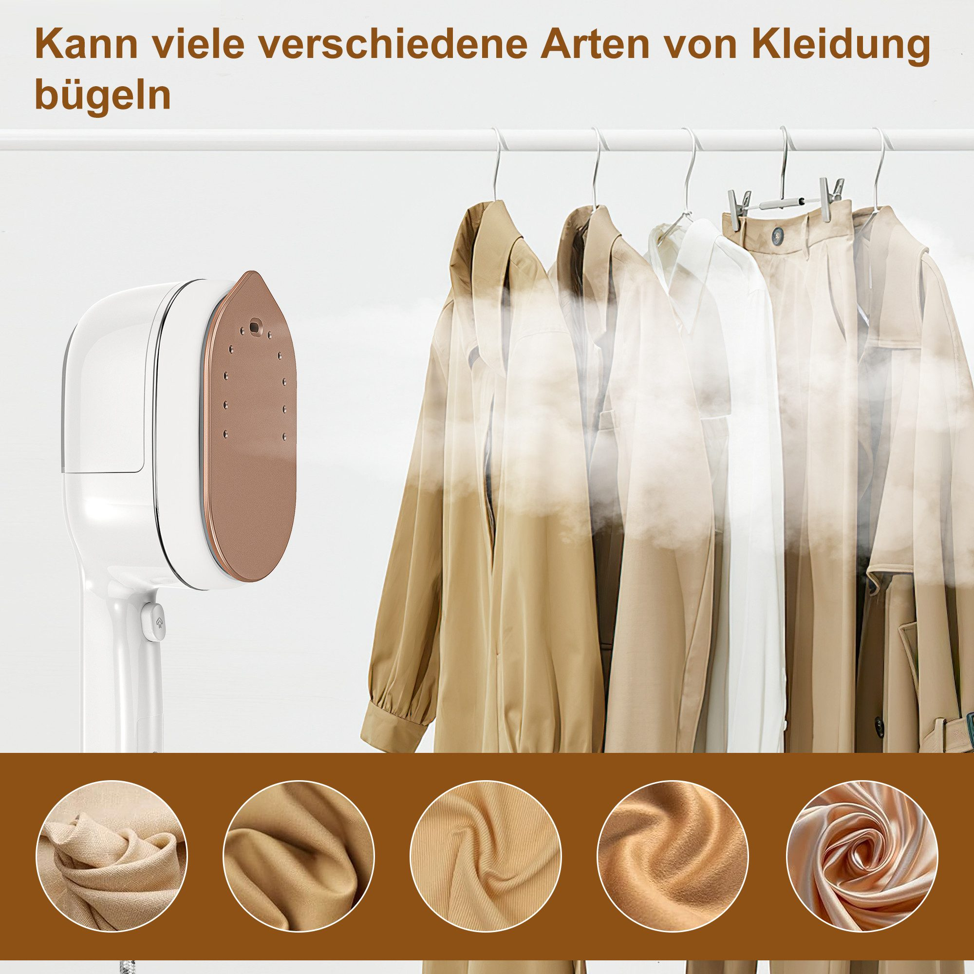 Ein Bügeleisen mit Kleidung auf einem Gestell. Verschiedene Stoffmuster sind unten abgebildet.