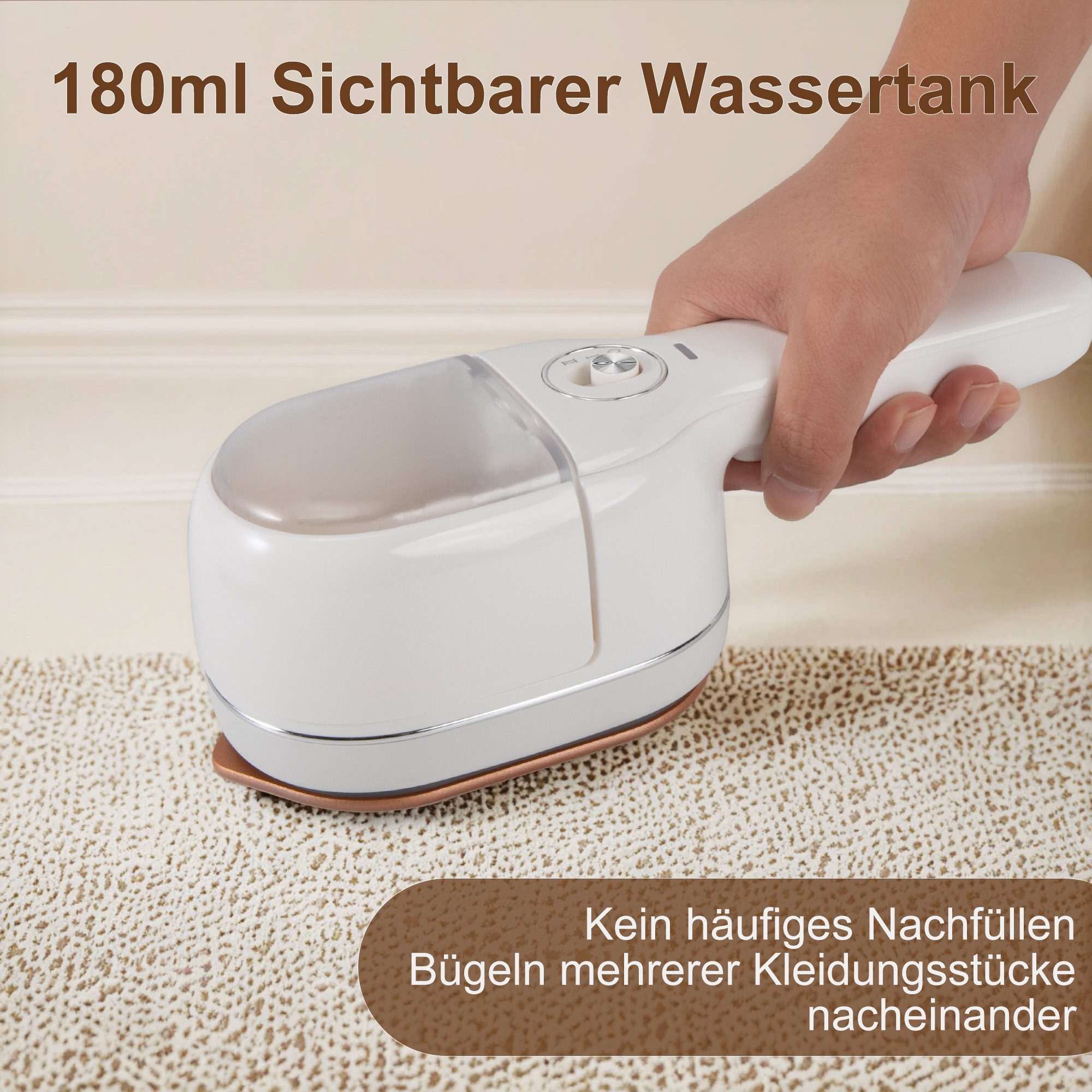 Eine Hand hält einen weißen Dampfgarer. Er steht auf einer gemusterten Oberfläche. Text: 180ml sichtbarer Wassertank.