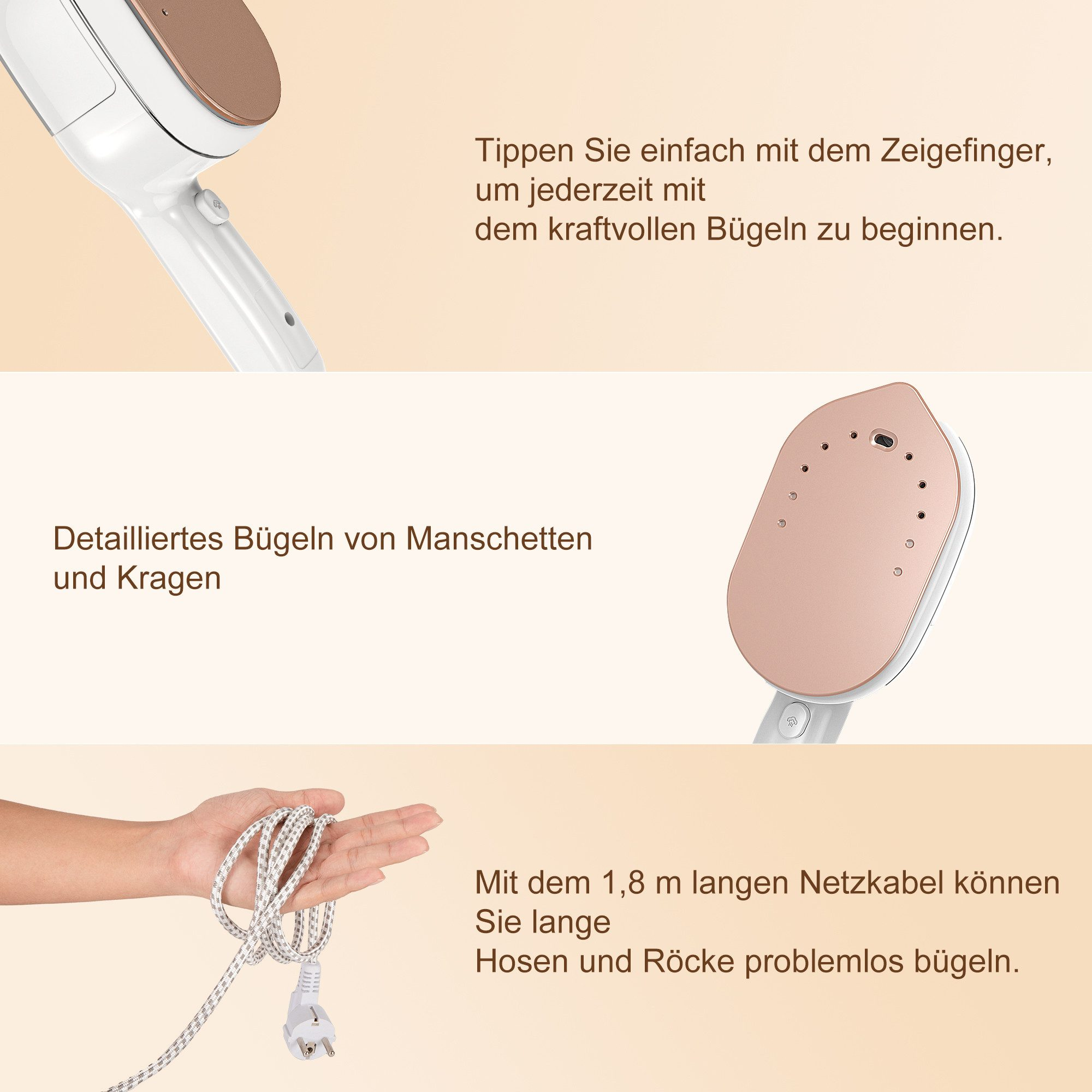 Ein Bügeleisen mit weißem Griff und roségoldenem Kopf. Eine Hand hält ein Kabel. Text: detailliertes Bügeln.