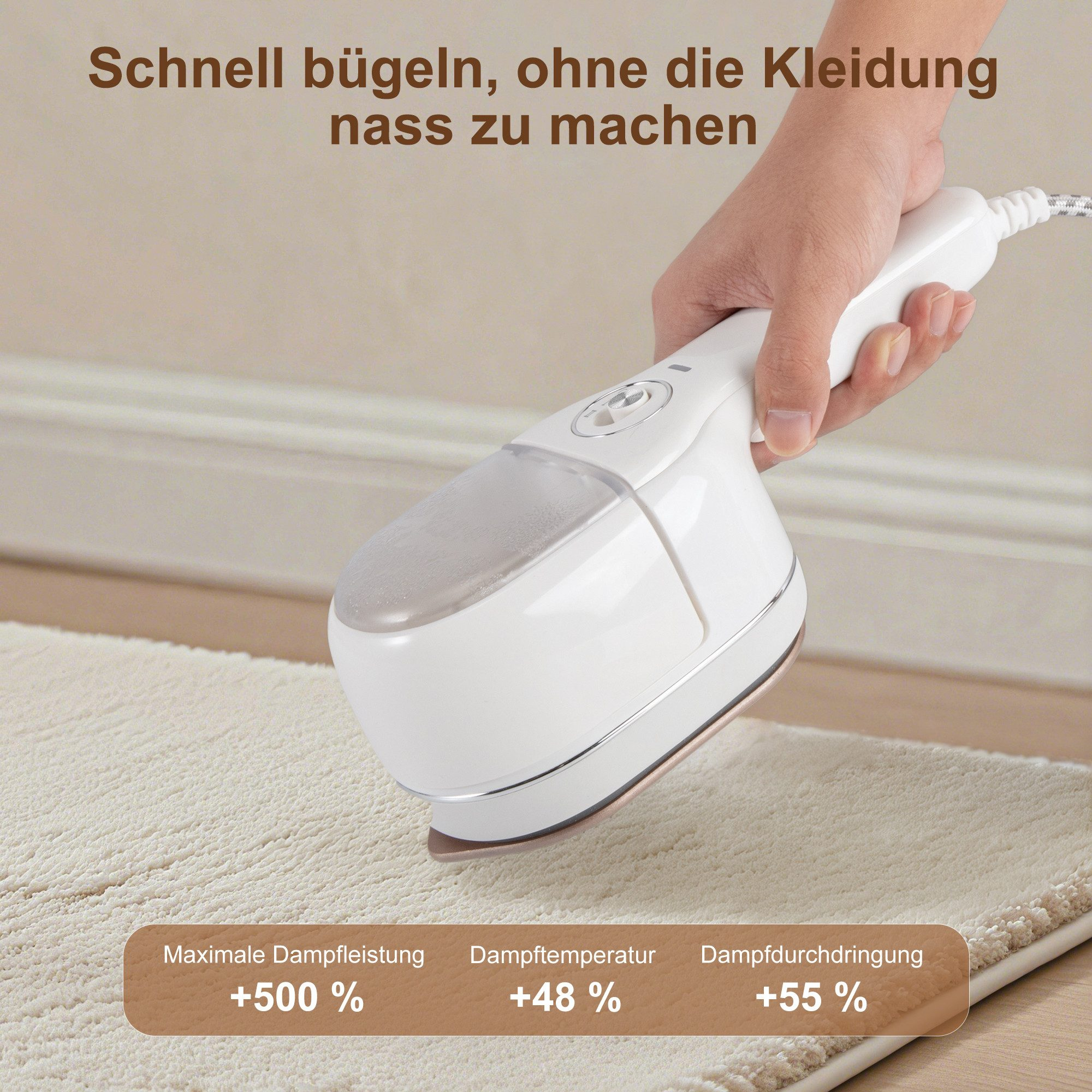 Eine Hand hält einen weißen Dampfgarer über einem beigen Teppich. Text zeigt Dampfleistungssteigerungen an.