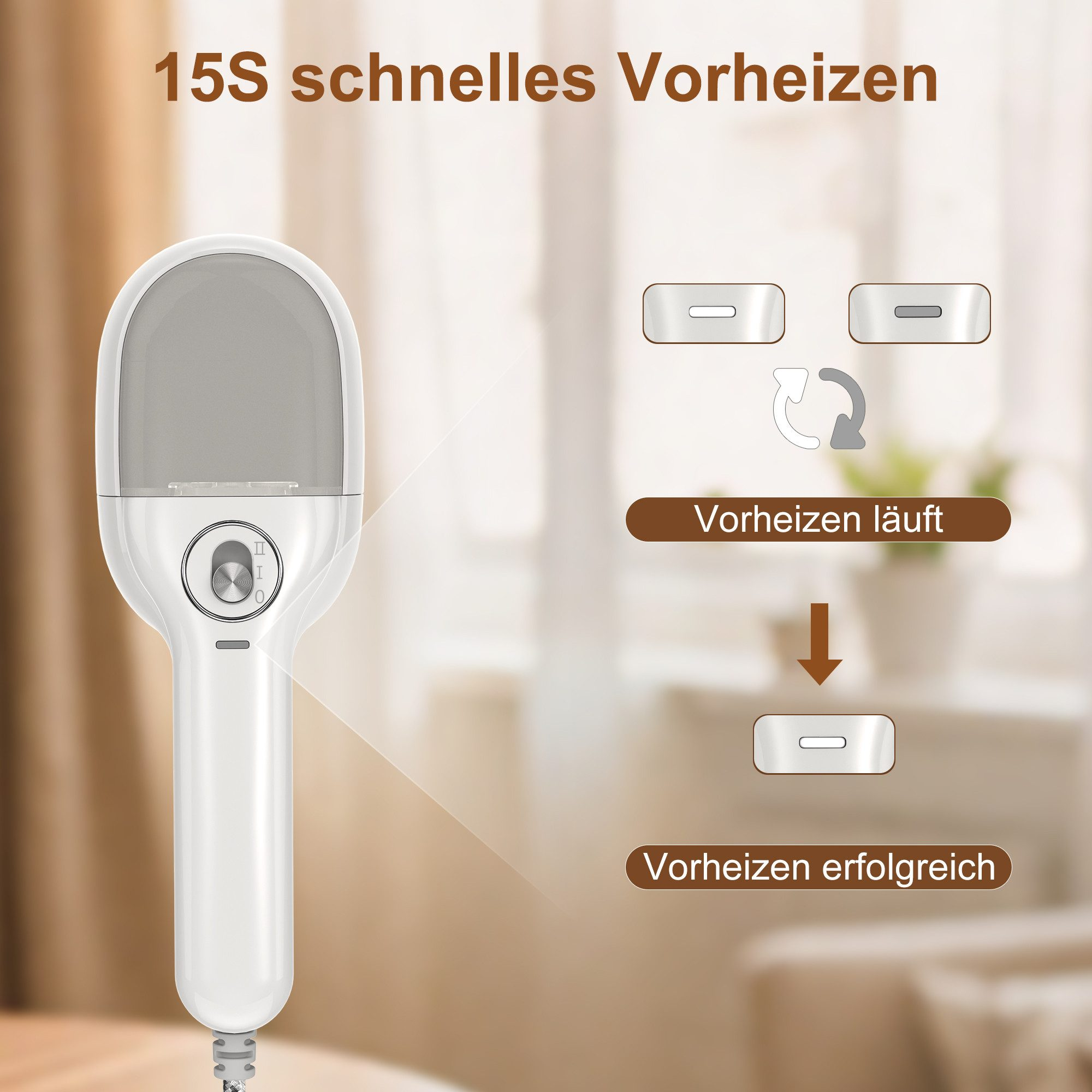 Weißes Gerät mit grauem Oberteil, zeigt den Vorheizvorgang mit Text und Symbolen auf unscharfem Hintergrund.