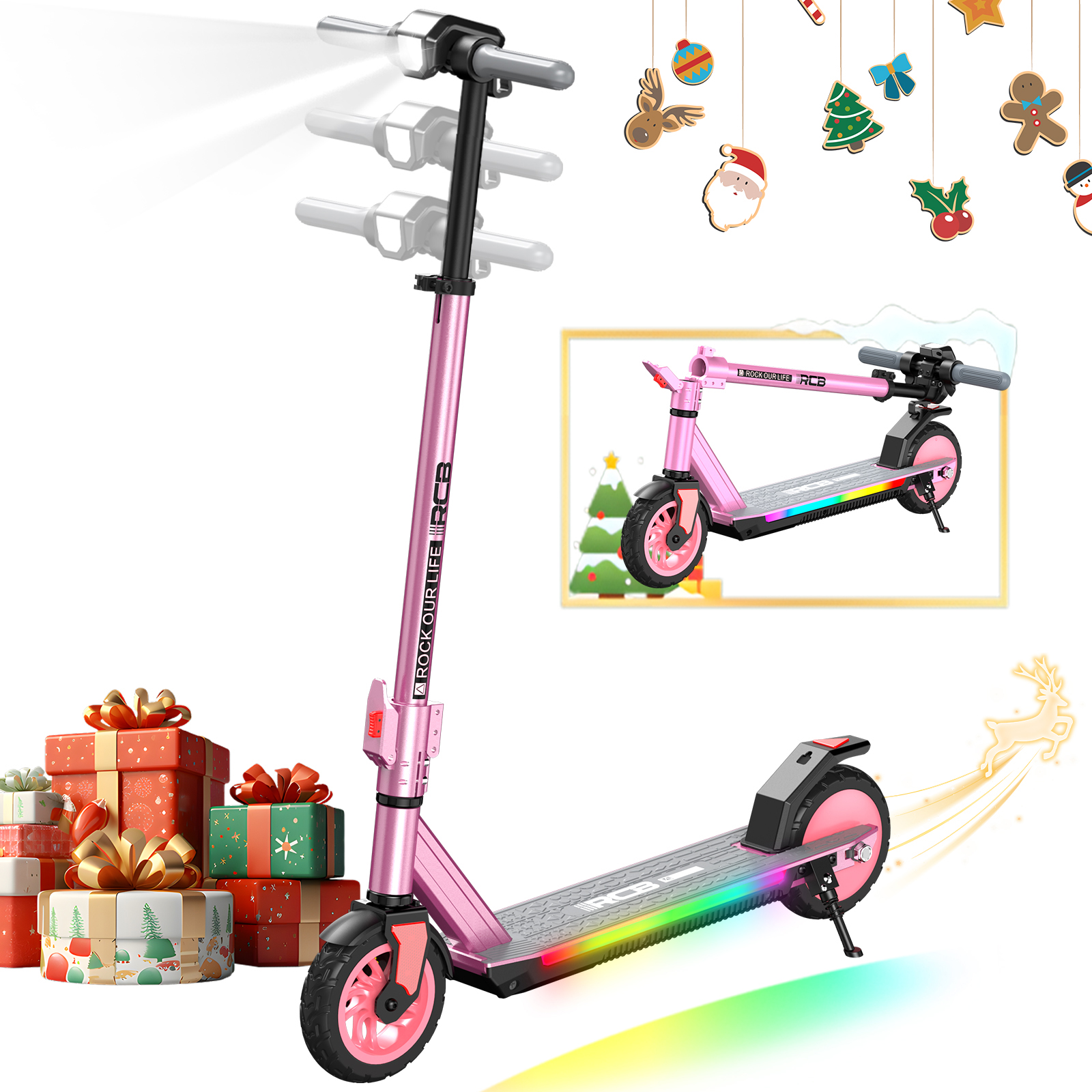 Pinkfarbener Roller mit Regenbogenlichtern, Geschenken und Weihnachtsdekorationen.