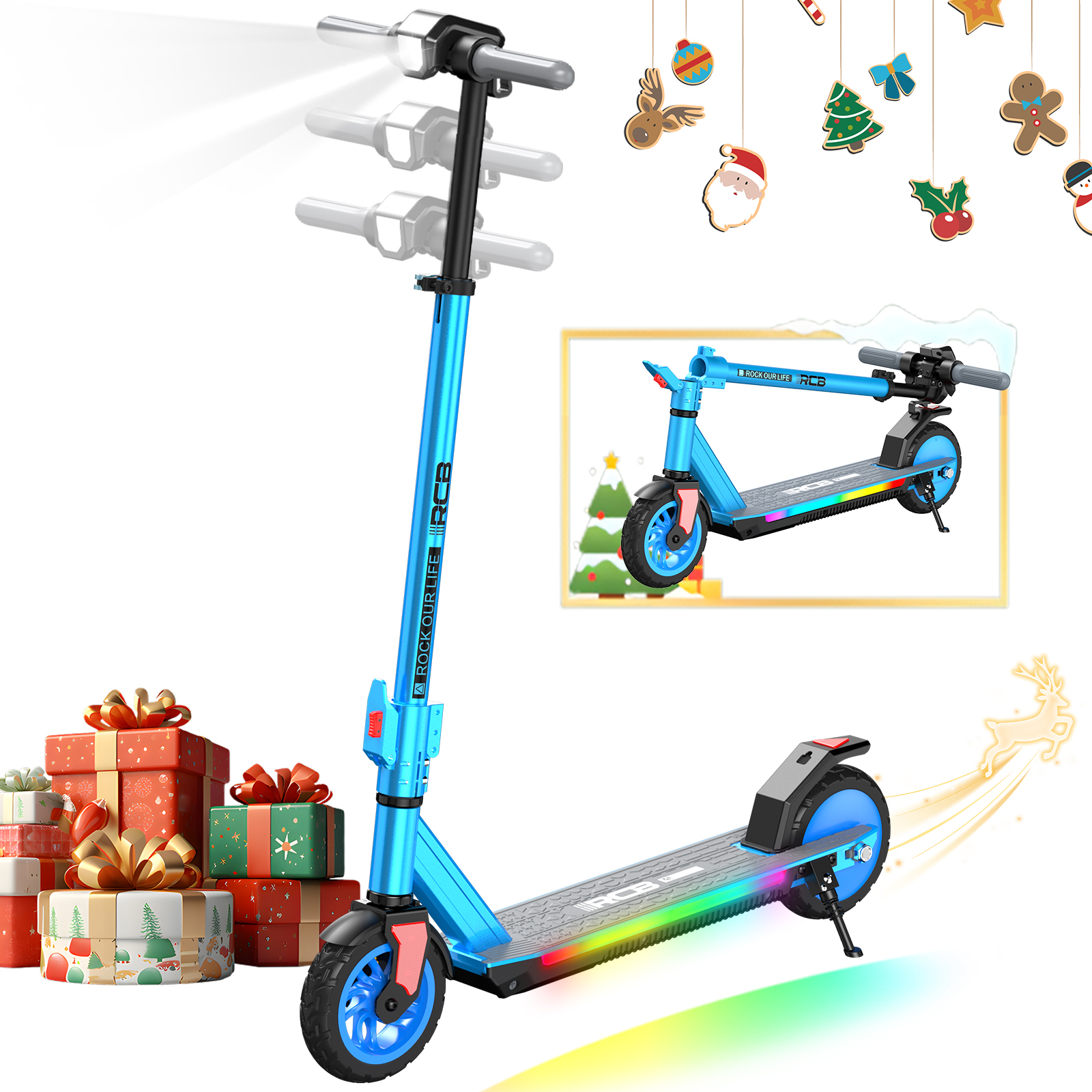 Blauer Roller mit Weihnachtsdekorationen und Geschenken. Der Roller hat Lichter und die Worte 'Rock Our Life'.