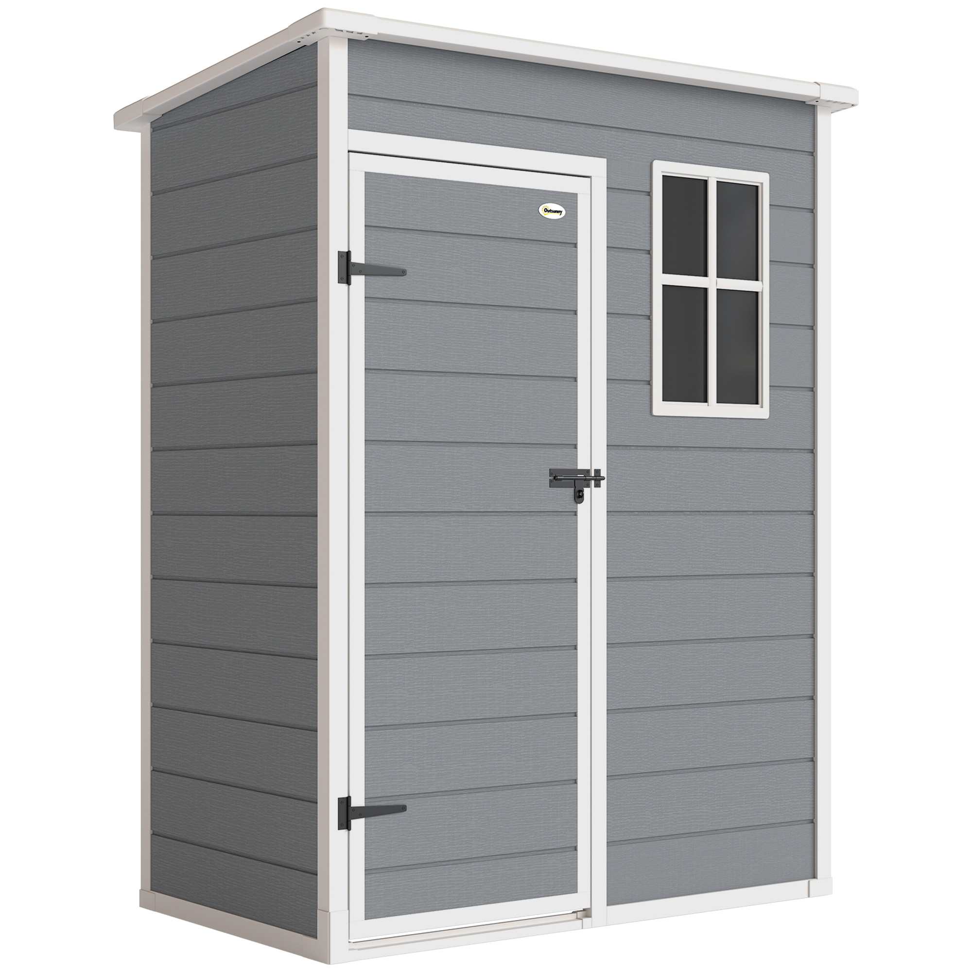 Un capannone grigio con finiture bianche, una porta e una finestra. La porta ha una maniglia nera. La finestra ha quattro vetri.
