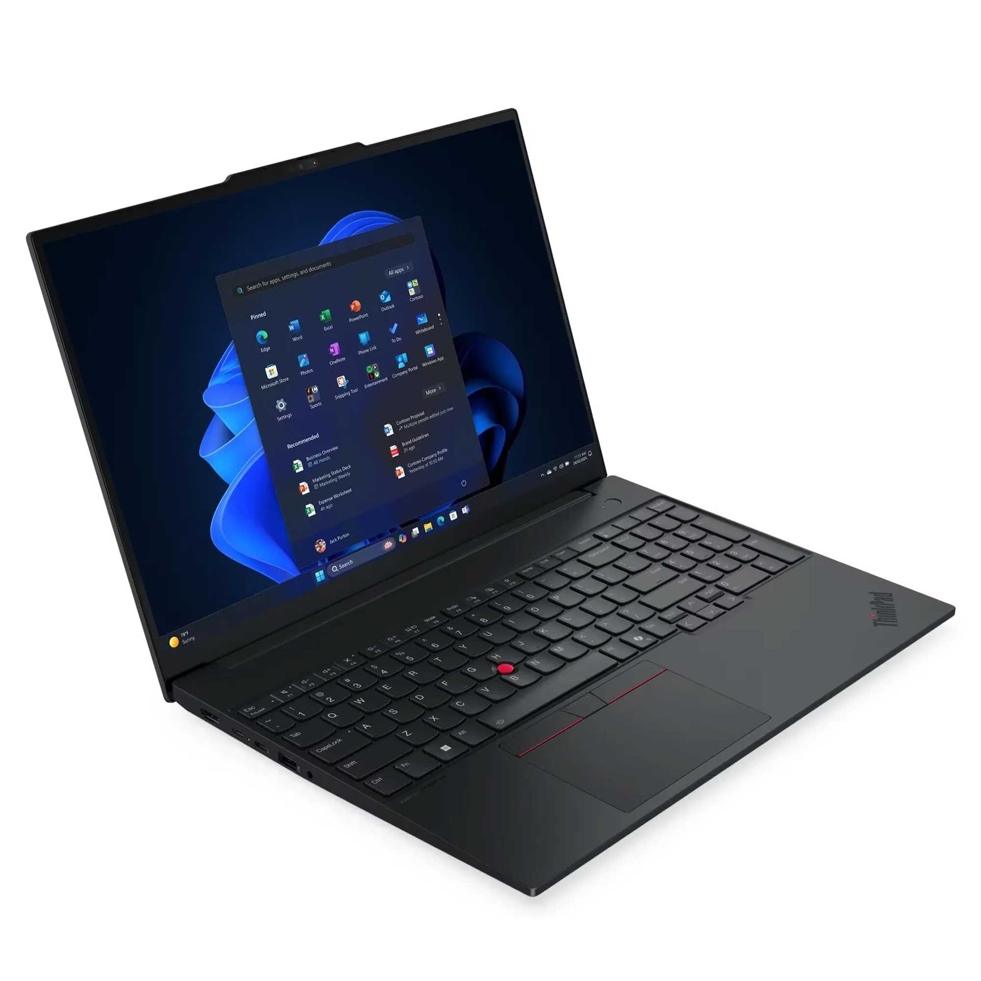 Siyah bir ThinkPad dizüstü bilgisayar, Windows 11 arayüzünü gösteriyor. Klavye ve dokunmatik yüzey görünür durumda.