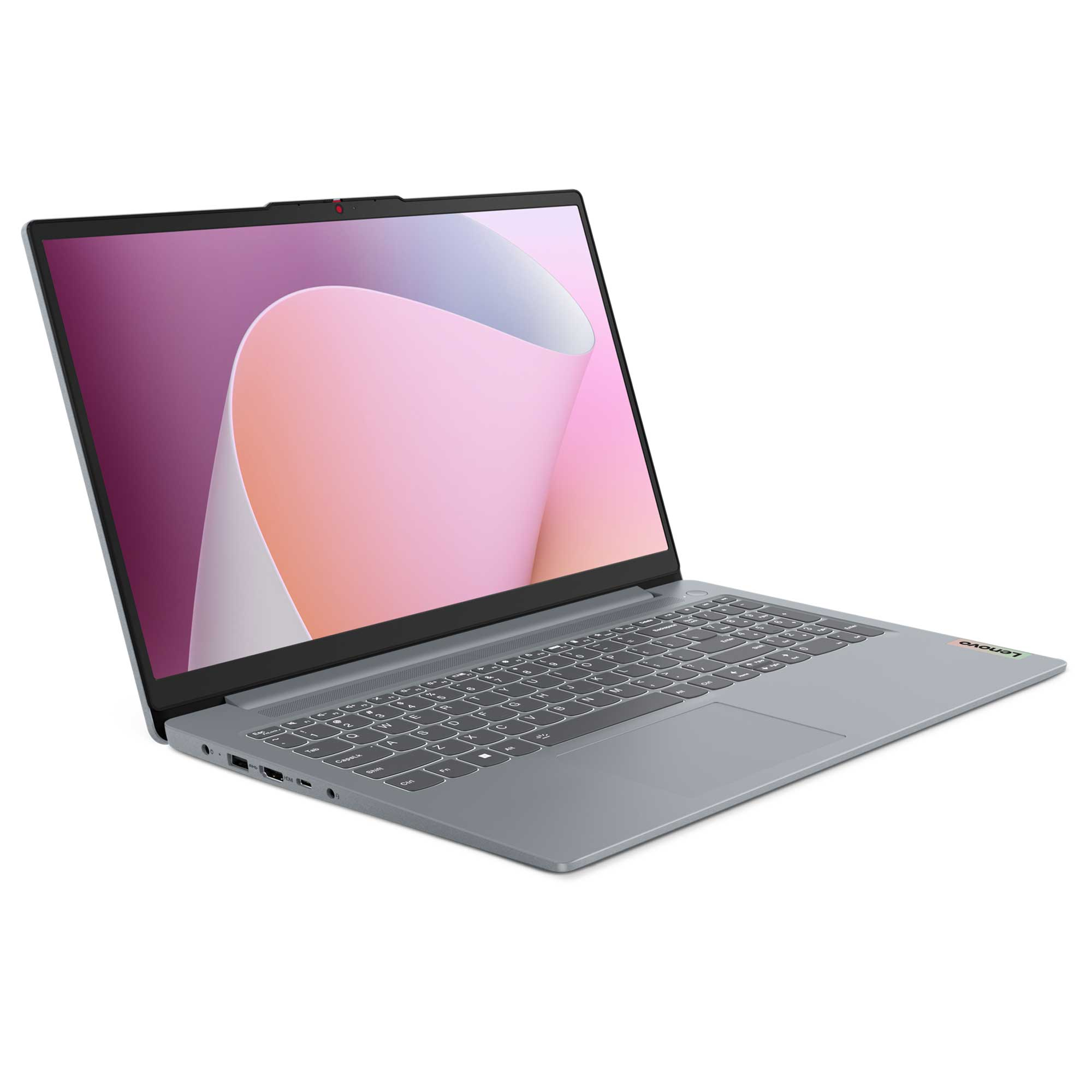 Gri bir Lenovo dizüstü bilgisayar. Ekran pembe ve mor soyut bir tasarım gösteriyor. Klavye görünür durumda.