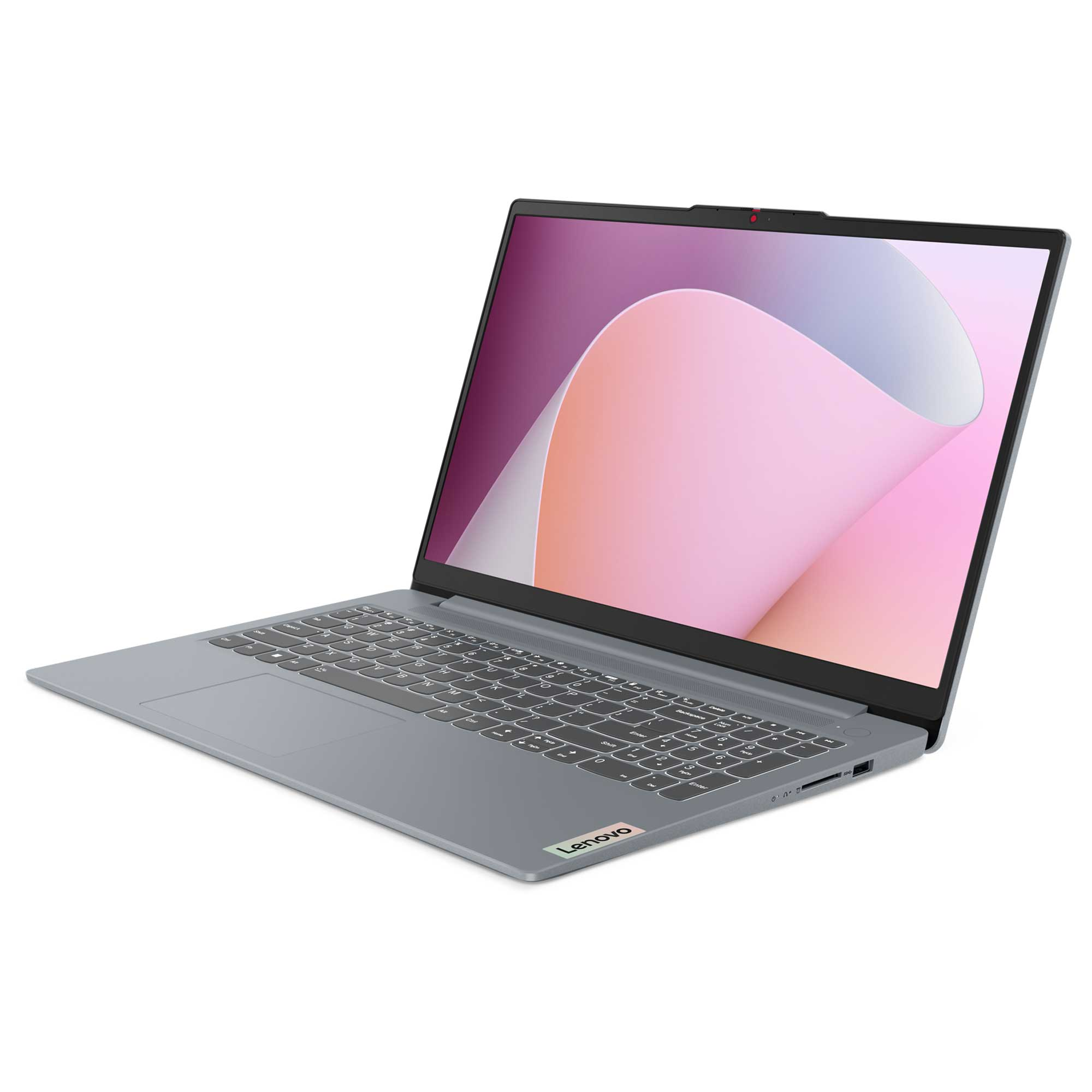 Gri bir Lenovo dizüstü bilgisayar açık, açılı. Ekran pembe ve beyaz bir tasarım gösteriyor. Klavye görünür.