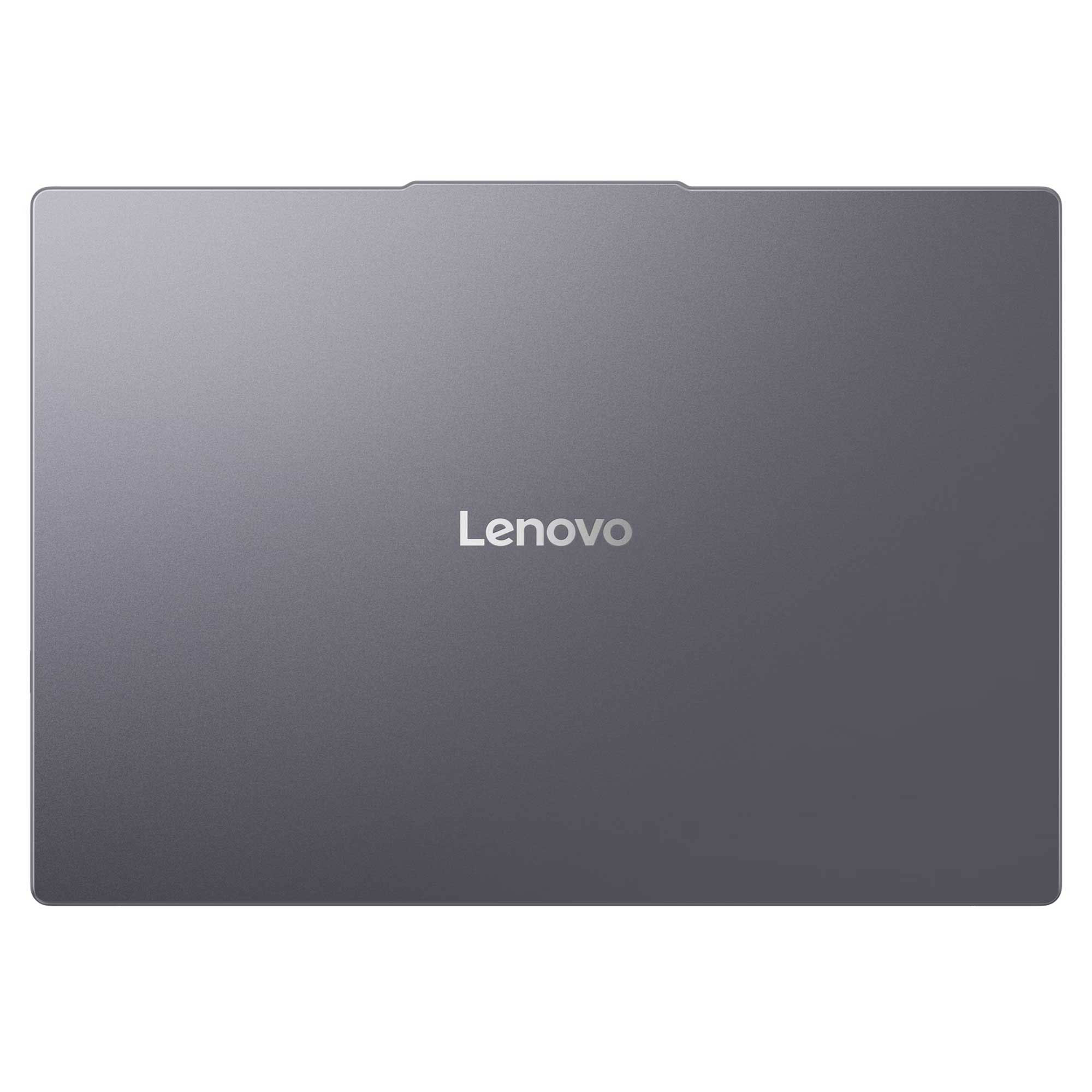 Kapalı, gri bir Lenovo dizüstü bilgisayar. Lenovo logosu kapakta ortalanmıştır.