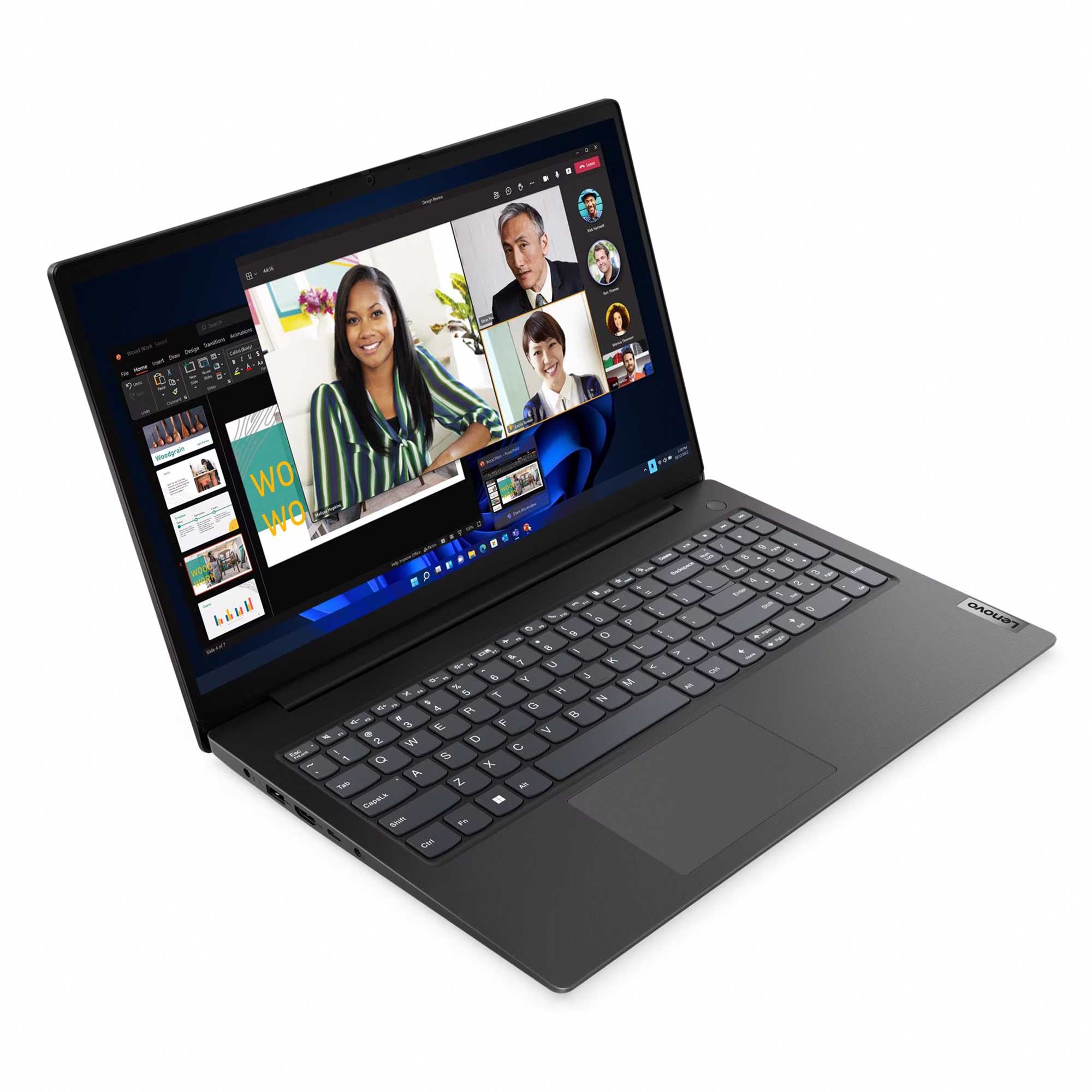Bir Lenovo dizüstü bilgisayarda dört kişiyle bir video görüşmesi görüntüleniyor. Solda bir sunum açık.