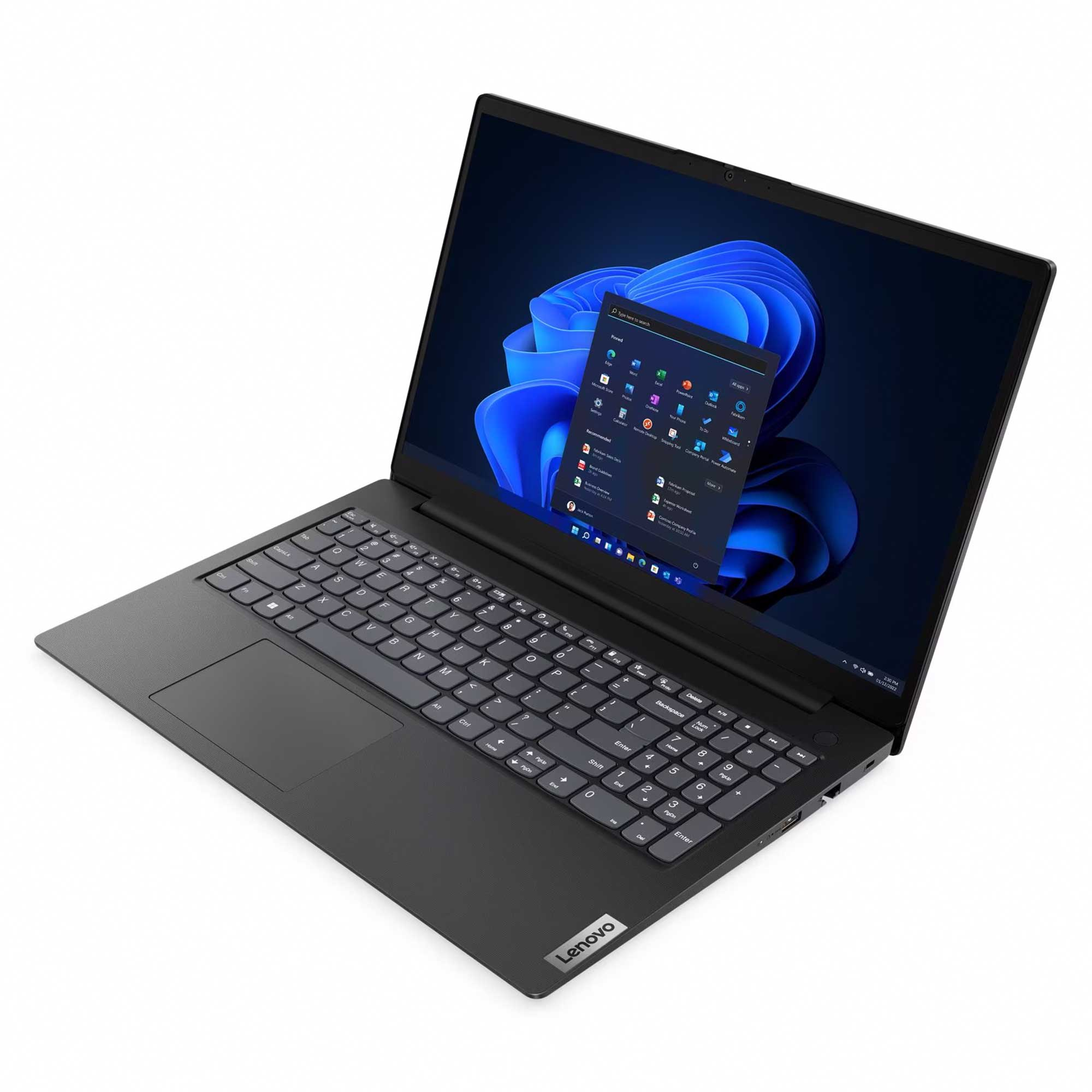 Koyu gri gövdeli bir Lenovo dizüstü bilgisayar. Ekran, Windows 11 uygulamalarını gösteriyor. Klavye görülebilir.