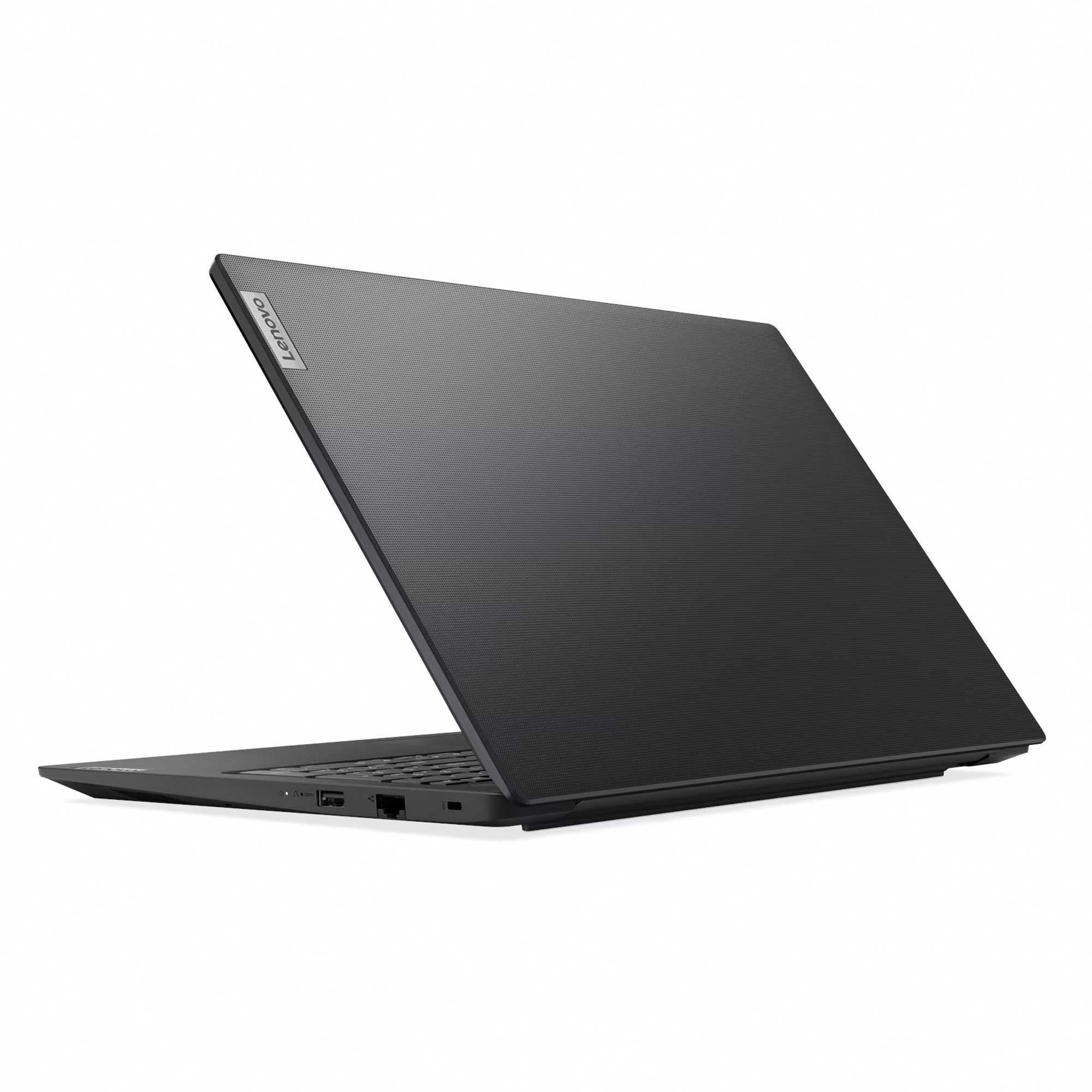 Siyah Lenovo dizüstü bilgisayar, kısmen açık, beyaz arka plan üzerinde. Klavyesi görünür, Lenovo logosu kapakta.